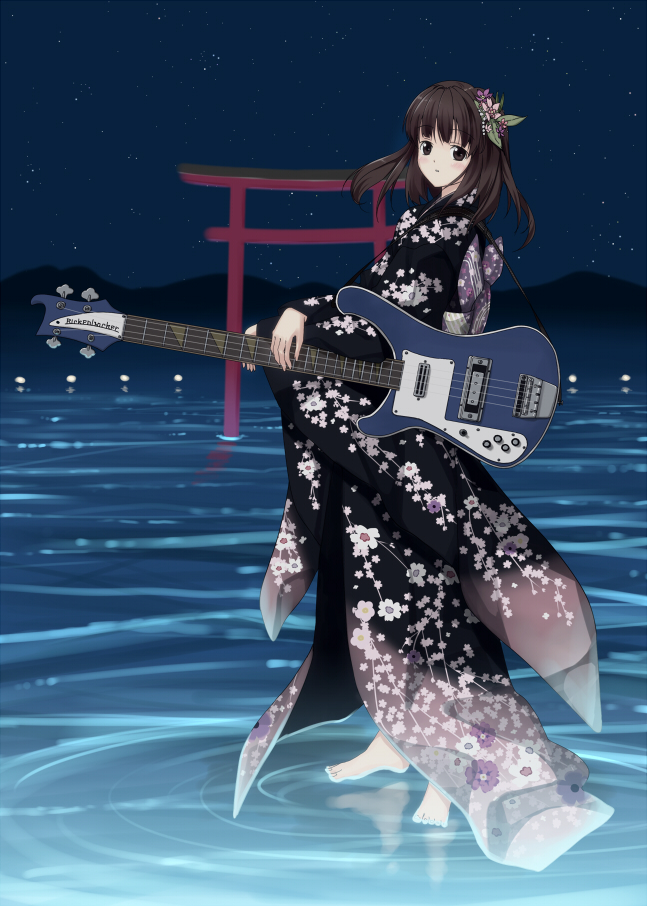 nagareboshi, original, 1girl, bass guitar, black hair, female focus, flower, guitar, hair flower, hair ornament, instrument, japanese clothes, kimono, rickenbacker, rickenbacker 4001, sky, solo, star (sky), starry sky, torii, wading, water