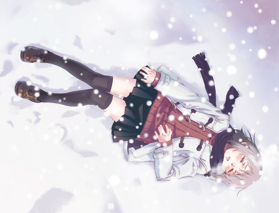nyaou, original, brown hair, closed eyes, legs, lying, on back, scarf, short hair, snow, solo, thighhighs, zettai ryouiki
