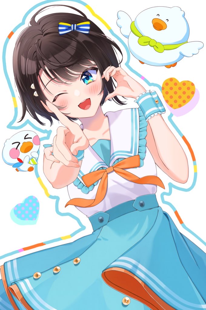 murasakijirushi, oozora subaru, oozora subaru (9th costume), subatomo (big), subatomo (small), hololive, aqua skirt, bow, bowtie, brown hair, frilled sailor collar, frilled shirt collar, frills, gold buttons, hair ornament, hairclip, half-heart hands, happy, heart, high-waist skirt, looking at viewer, multicolored eyes, official alternate costume, open mouth, orange bow, orange bowtie, sailor collar, sailor shirt, shirt, shirt tucked in, short hair, skirt, smile, virtual youtuber, white sailor collar, wrist cuffs