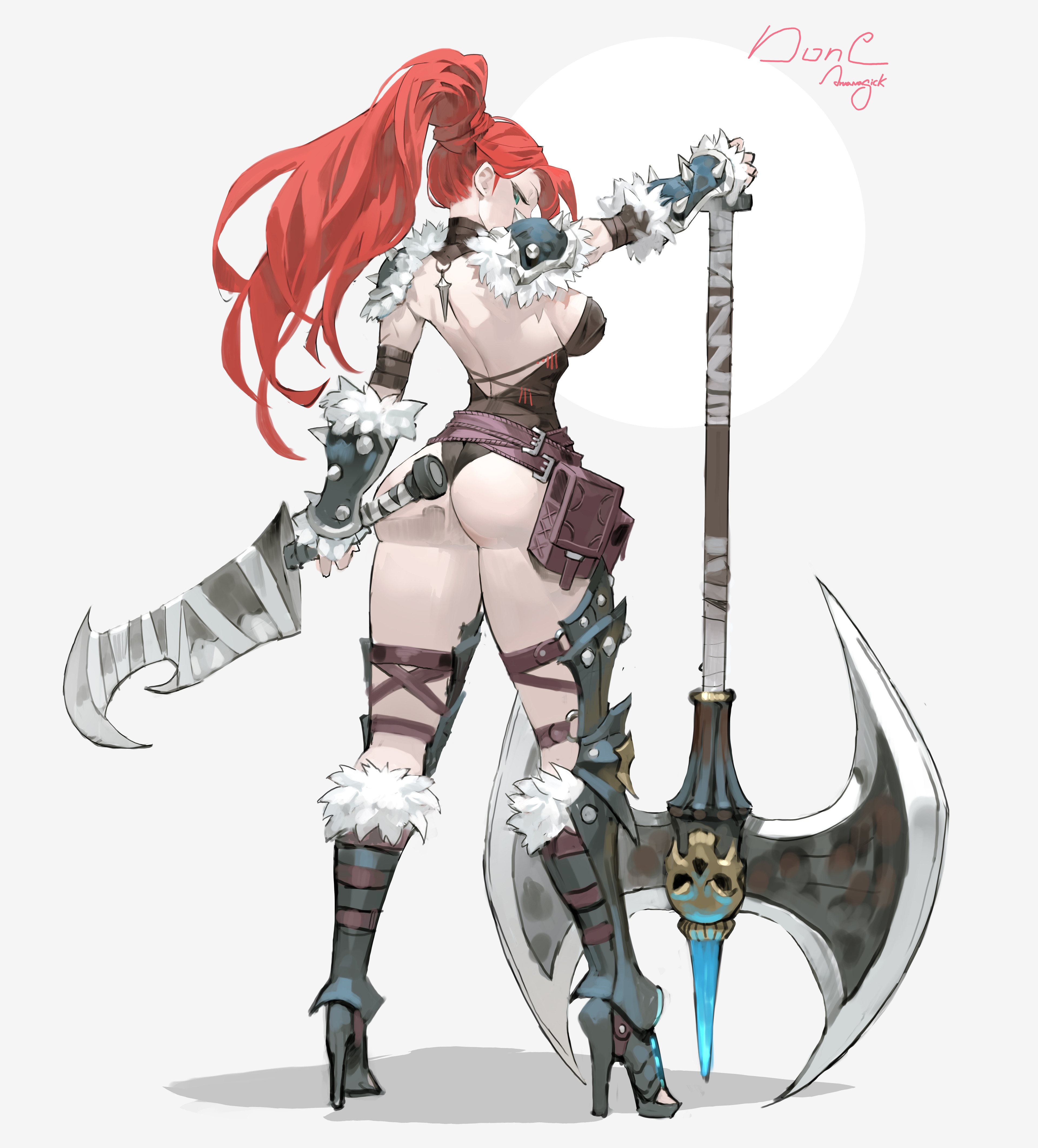 arowana2111, original, absurdres, highres, 1girl, arm guards, armor, ass, asymmetrical dual wielding, axe, backless leotard, battle axe, belt, belt pouch, black leotard, breasts, brown belt, cuisses, dual wielding, from behind, fur trim, greaves, green eyes, hand on hilt, high heels, high ponytail, holding, holding sword, holding weapon, leotard, looking at viewer, looking back, medium breasts, pauldrons, planted, planted axe, ponytail, pouch, red hair, sabaton, shoulder armor, solo, spikes, standing, sword, weapon
