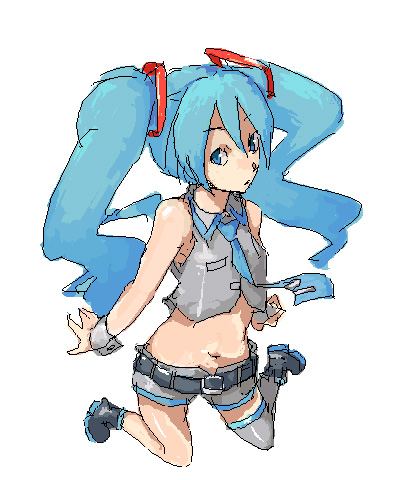 kasa (hitori sanka), hatsune miku, vocaloid, lowres, 1girl, aqua hair, female focus, grey shoes, grey thighhighs, hair between eyes, necktie, oekaki, shoes, short shorts, shorts, simple background, solo, square-end necktie, thighhighs, twintails, white background