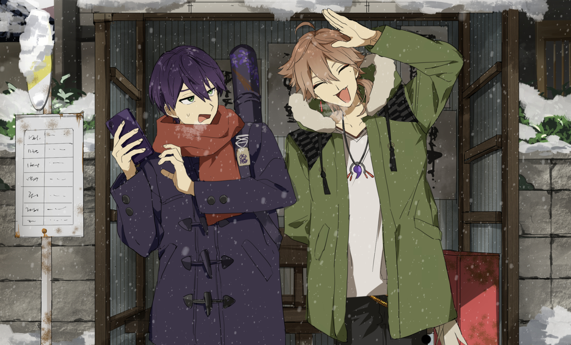 matsuhago, fushimi gaku, kenmochi touya, nijisanji, hashtag-only commentary, highres, 2boys, brown hair, cellphone, coat, fur-trimmed jacket, fur trim, green jacket, hand up, holding, holding phone, jacket, jewelry, looking at another, magatama, magatama necklace, male focus, multiple boys, necklace, open clothes, open jacket, outdoors, phone, ponytail, purple coat, purple hair, red scarf, scarf, shirt, short hair, short ponytail, smartphone, smile, snowing, virtual youtuber, white shirt, winter, winter clothes