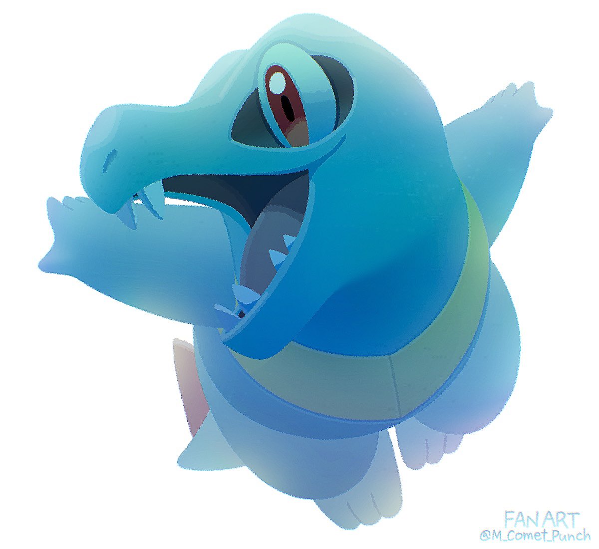komepan, totodile, nintendo, pokemon, fangs, gen 2 pokemon, no humans, open mouth, pokemon (creature), pokemon focus, red eyes, sharp teeth, simple background, solo, tail, teeth, white background