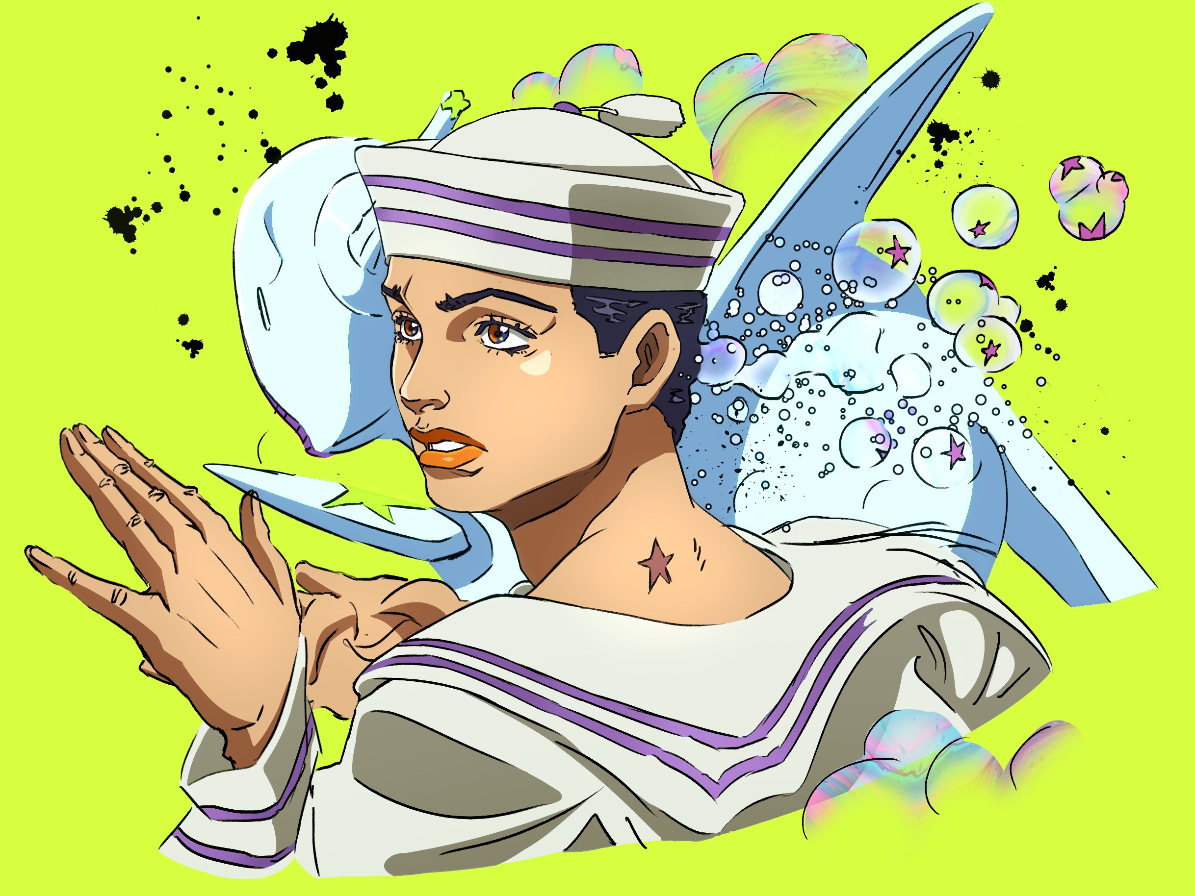grandguerrilla, hachuart, higashikata josuke (jojolion), soft & wet, jojo no kimyou na bouken, jojolion, colorized, highres, 1boy, 1other, birthmark, black hair, blue eyes, bubble, colored skin, green background, hat, jacket, joestar birthmark, long sleeves, multicolored jacket, orange eyes, orange lips, parted lips, sailor, sailor collar, sailor hat, shirt, star (symbol), two-tone jacket, white hat, white sailor collar, white shirt, white skin