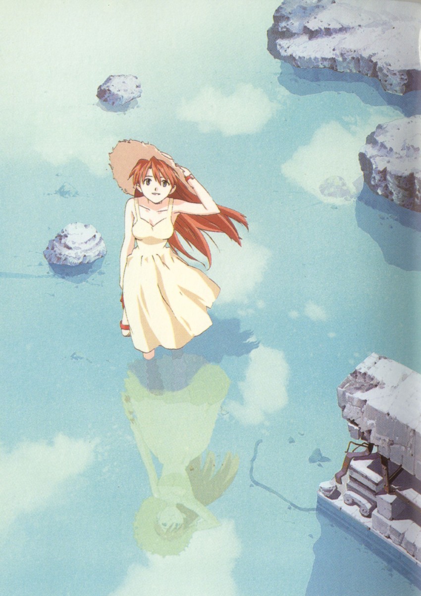 sushio, souryuu asuka langley, neon genesis evangelion, highres, 1girl, blue eyes, dress, female focus, hat, long hair, orange hair, outdoors, red hair, reflection, reflective water, sandals, smile, solo, straw hat, wading, watch, water, wristwatch, yellow dress