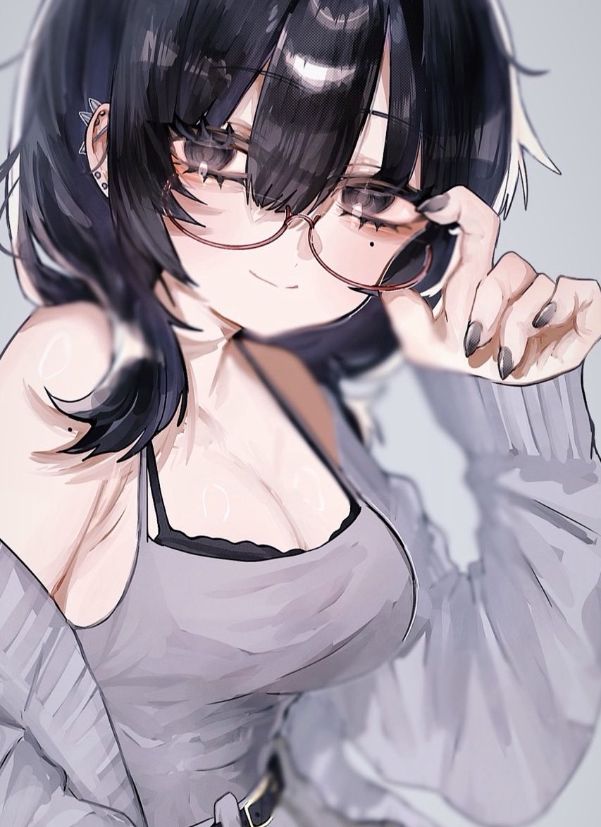 oubaisameko 181, original, commentary, symbol-only commentary, 1girl, adjusting eyewear, belt, black belt, black bra, black eyes, black hair, bra, breasts, camisole, cleavage, closed mouth, grey background, grey camisole, grey jacket, jacket, light smile, long hair, looking at viewer, mole, mole under eye, open clothes, open jacket, simple background, smile, solo, underwear