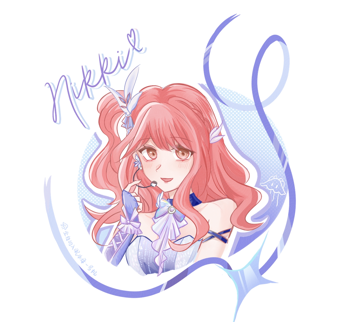 nikki (nikki), infinity nikki, nikki (series), highres, 1girl, arm ribbon, artist name, bare shoulders, blue bow, blue choker, blue dress, blue gloves, blue ribbon, bow, bow choker, bow earrings, bowtie, braid, brown eyes, character name, choker, circle, collarbone, cropped torso, cross-laced armwear, dress, earrings, eyelashes, fanluoxingchen63912, feather hair ornament, feathers, fingerless gloves, frilled gloves, frills, gloves, hair bow, hair ornament, halftone, happy, headset, idol, jewelry, light blush, long hair, one side up, open mouth, outline, pink hair, pointing, pointing at self, pointy nose, purple bow, purple bowtie, ribbon, side braid, sidelocks, single braid, smile, solo, sparkle, starry nocturne (infinity nikki), strapless, strapless dress, wavy hair, white background, white outline, wrist bow