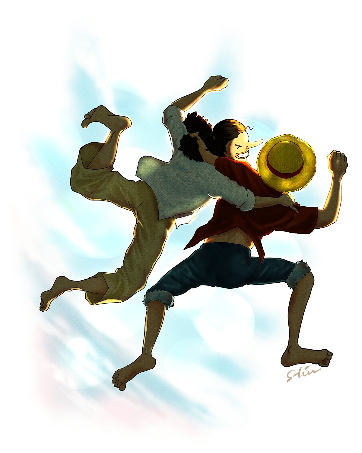 s hirokujira, monkey d. luffy, usopp, one piece, commentary request, highres, 2boys, ^ ^, arm up, back, black hair, blue shorts, closed eyes, full body, hat, long nose, multiple boys, pants, ponytail, red shirt, shirt, shorts, signature, straw hat, white shirt, yellow pants