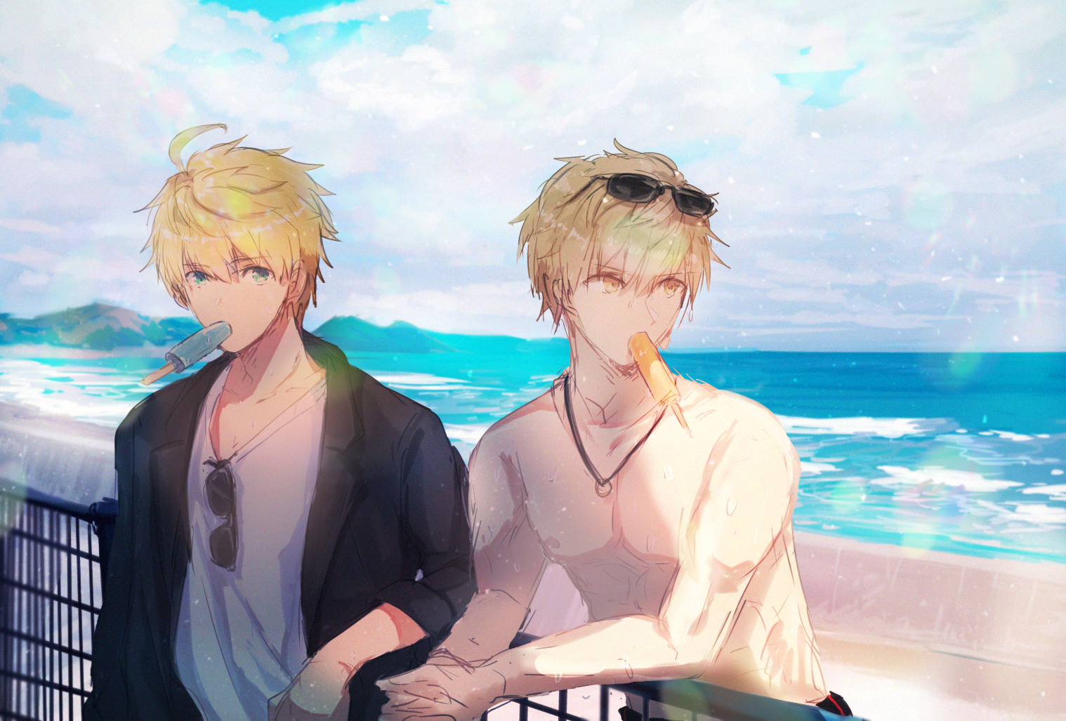 ebi (6 5), arthur pendragon (fate), arthur pendragon alter (fate), fate/grand order, fate (series), 2boys, ahoge, beach, black-framed eyewear, black jacket, blonde hair, blue eyes, blue sky, cloud, cloudy sky, day, dual persona, eyewear on head, fence, food, food in mouth, hair between eyes, jacket, jewelry, lapels, long sleeves, looking at viewer, looking up, male focus, mountain, multiple boys, muscular, muscular male, necklace, ocean, open clothes, open jacket, outdoors, own hands together, pectorals, popsicle, popsicle in mouth, sand, shirt, short hair, sky, summer, sunglasses, sunlight, t-shirt, unworn eyewear, wet, white shirt, yellow eyes