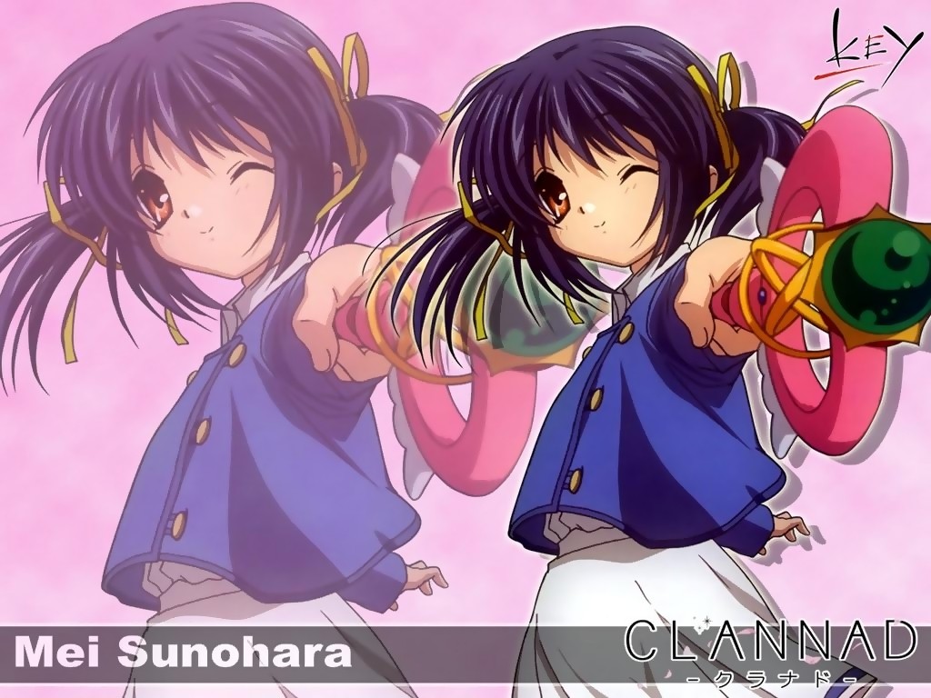sunohara mei, tamura yukari, clannad, non-web source, 00s, blue hair, brown eyes, long hair, magical girl, one eye closed, solo, twintails, voice actor connection, wand, wink, zoom layer