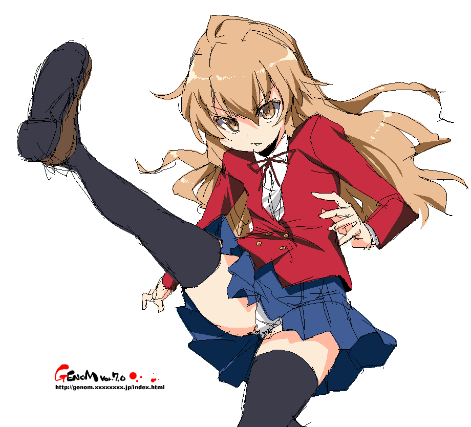 onija tarou, aisaka taiga, toradora!, 00s, high kick, kicking, oekaki, panties, school uniform, solo, thighhighs, underwear, white panties