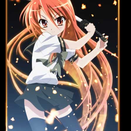 alastor (shakugan no shana), shana, shakugan no shana, anime screenshot, lowres, non-web source, stitched, third-party edit, 00s, 1girl, jewelry, katana, long hair, pendant, red eyes, red hair, school uniform, sword, thighhighs, weapon