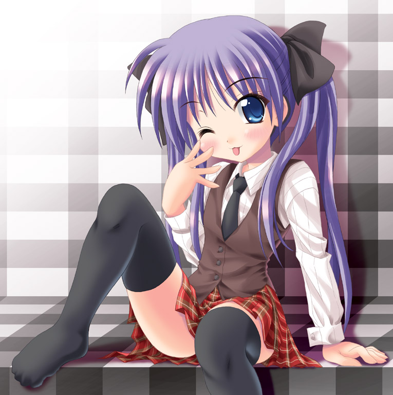 noritama (gozen), hiiragi kagami, lucky star, 00s, blue eyes, long hair, one eye closed, plaid clothes, plaid skirt, purple hair, skirt, solo, thighhighs, tongue, wink