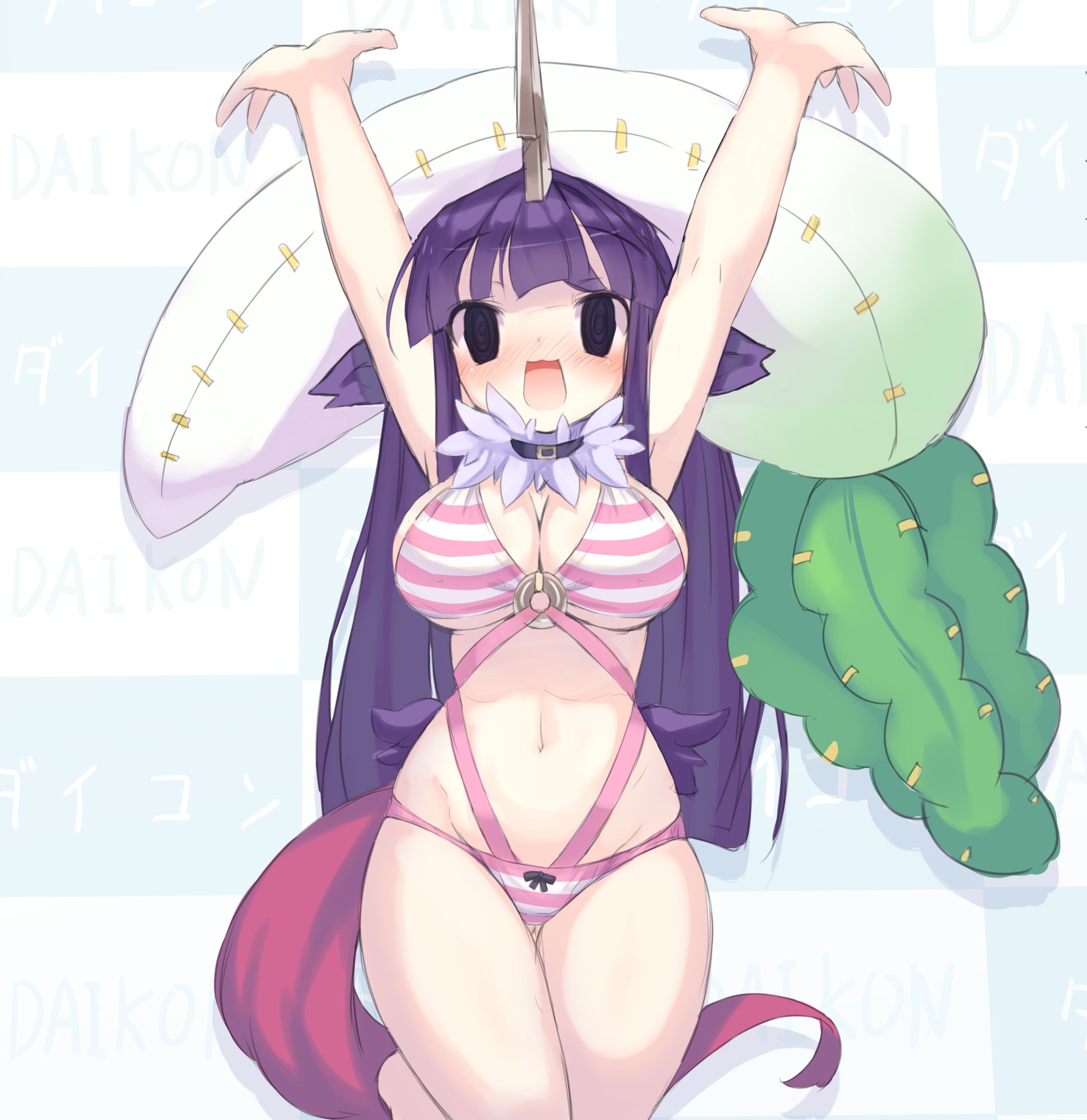 armadillon, emil chronicle online, highres, 1girl, animal ears, armpits, arms up, belt, beyaert alma, bikini, black choker, black eyes, blue background, blush, breasts, checkered background, choker, daikon, empty eyes, frilled choker, frills, horns, horse ears, horse girl, horse tail, large breasts, navel, open mouth, pink belt, pink bikini, ponytail, purple hair, radish, solo, split ponytail, striped bikini, striped clothes, stuffed food, stuffed toy on head, swimsuit, tail, white bikini
