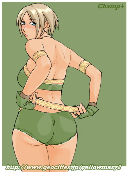 champ+, capcom, monster hunter (series), character request, 1girl, armband, artist name, ass, bandeau, bare shoulders, blonde hair, blue eyes, border, breasts, cowboy shot, female focus, fingerless gloves, from behind, gloves, green background, green gloves, green shorts, huge ass, legs together, looking at viewer, looking back, medium breasts, midriff, no bra, outside border, short hair, short shorts, shorts, simple background, solo, standing, watermark, web address, white border