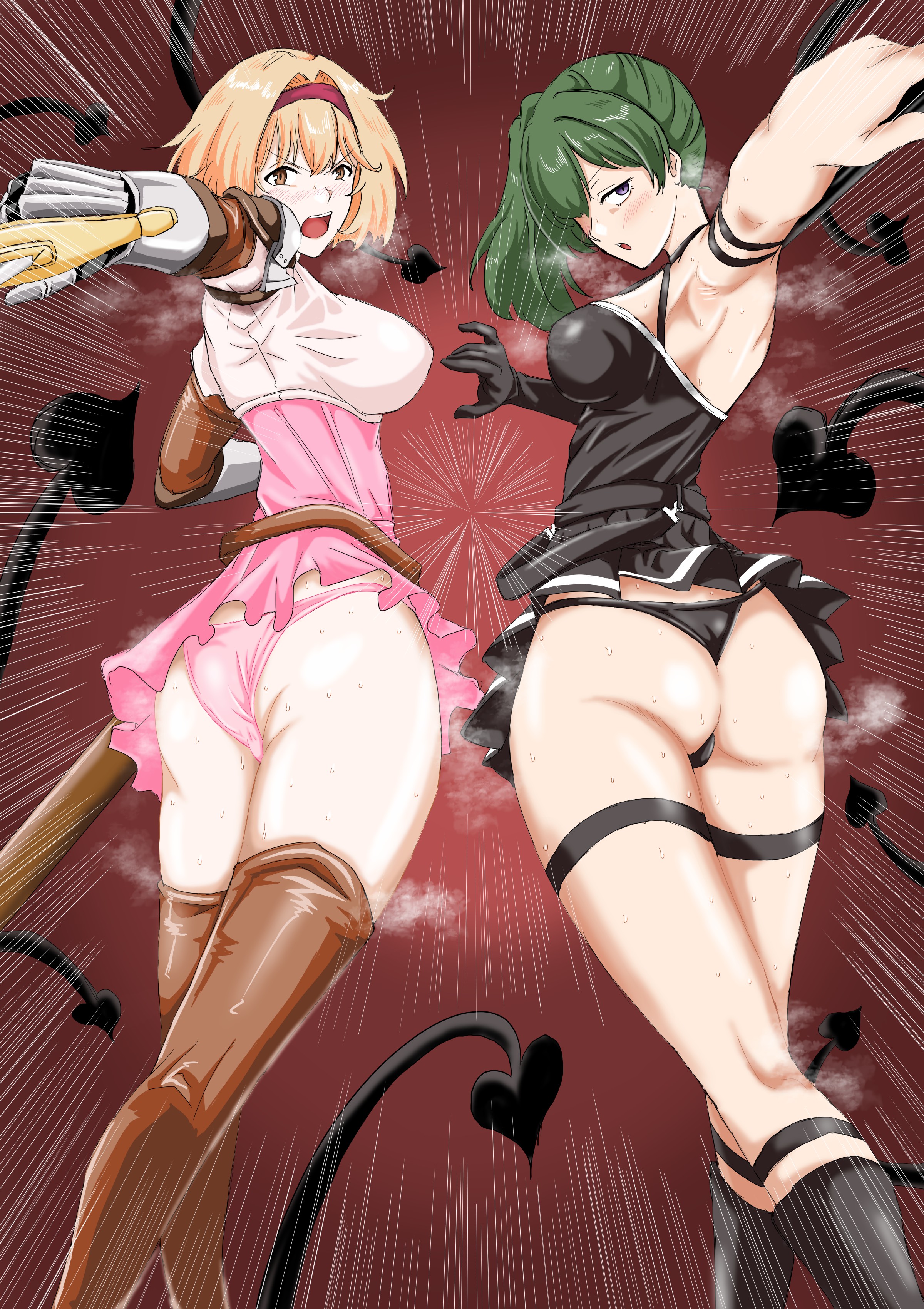 djeeta (granblue fantasy), ubel (sousou no frieren), granblue fantasy, sousou no frieren, artist request, 2girls, ass, bare shoulders, blonde hair, blush, boots, breasts, brown eyes, cameltoe, crossover, dress, from behind, gloves, green hair, large breasts, long hair, looking at viewer, looking back, medium breasts, multiple girls, open mouth, panties, ponytail, purple eyes, short dress, sideboob, single glove, skirt, sweat, sword, thigh boots, thigh strap, thighhighs, thong, underwear, weapon