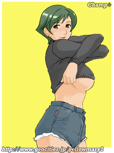 champ+, 1girl, breasts, denim, denim shorts, earrings, female focus, green hair, jewelry, large breasts, short hair, short shorts, shorts, solo, sweater, underboob, undressing