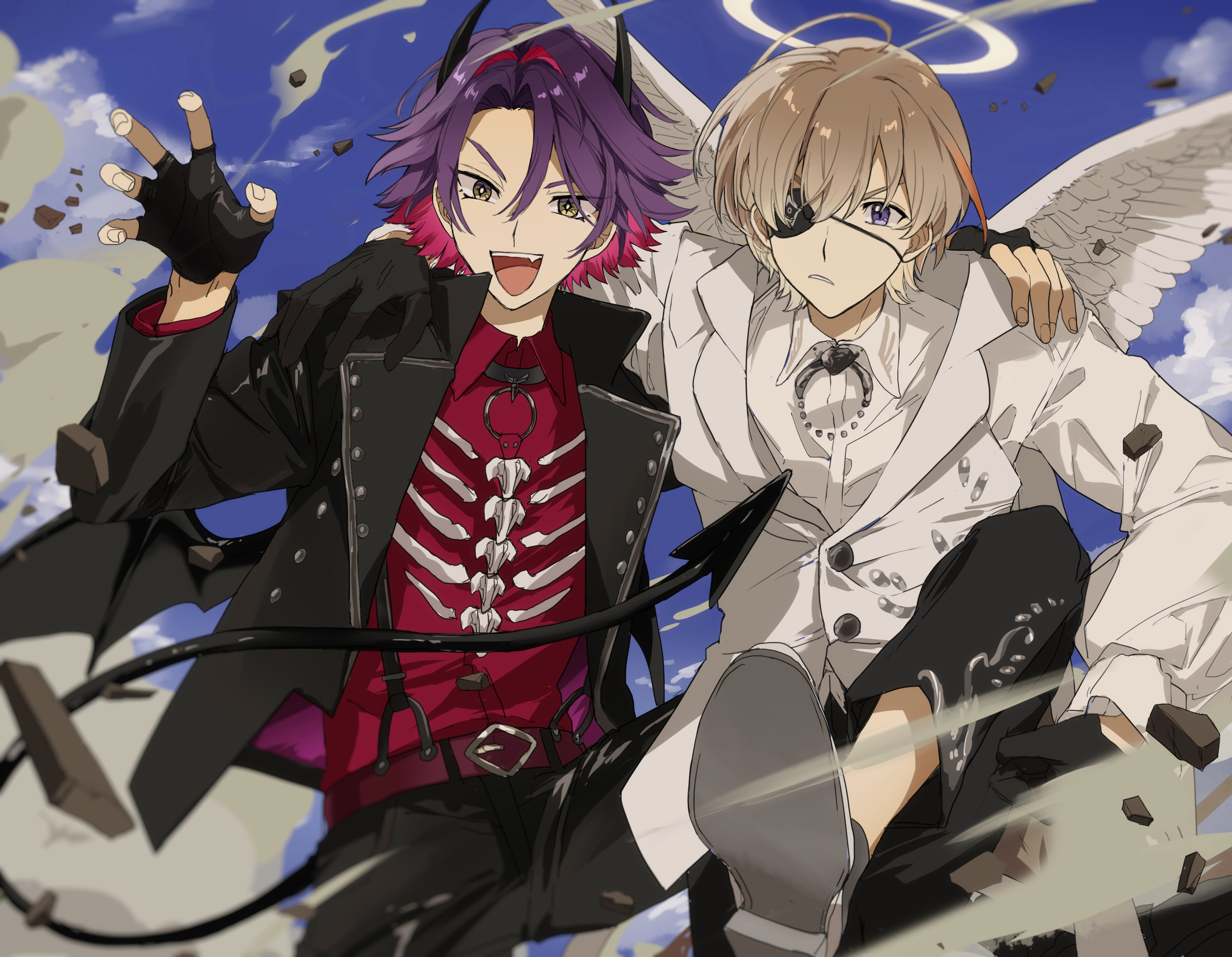 matsuhago, fura kanato, watarai hibari, nijisanji, hashtag-only commentary, highres, 2boys, angel and devil, angel wings, arm around shoulder, black gloves, black jacket, black pants, blurry, brown hair, colored inner hair, demon boy, demon horns, demon tail, demon wings, depth of field, eyepatch, fingerless gloves, gloves, halo, horns, jacket, looking at viewer, male focus, multicolored hair, multiple boys, open clothes, open jacket, pants, purple eyes, purple hair, red shirt, shirt, short hair, sky, tail, traditional halo, two-tone hair, virtual youtuber, white jacket, white shirt, wings, yellow eyes