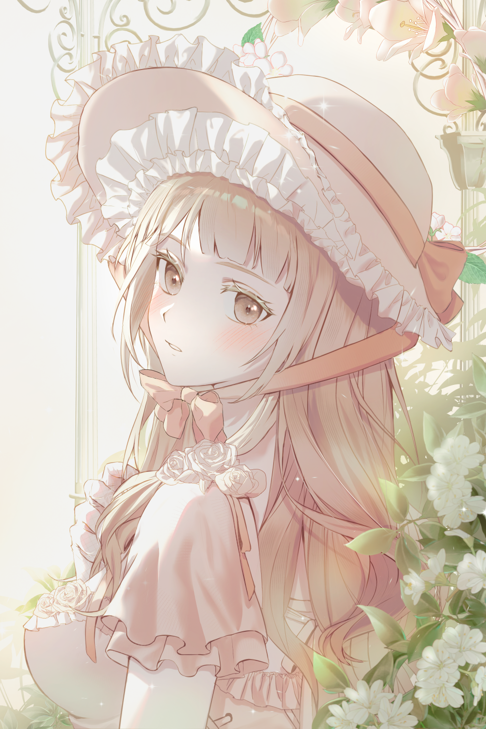 player character (mabinogi), mabinogi, original, highres, 1girl, blonde hair, bow, breasts, brown eyes, bush, colored eyelashes, day, dress, expressionless, flower, frilled dress, frilled headwear, frills, garden, hand on own chest, hat, hat bow, inxxia, large breasts, light blush, light particles, long hair, looking at viewer, looking back, orange bow, outdoors, parted lips, pillar, pink dress, pointy nose, rose, short sleeves, sidelocks, sky, solo, sparkle, square neckline, sun hat, upper body, wavy hair, white flower, white hat, white rose, white sky