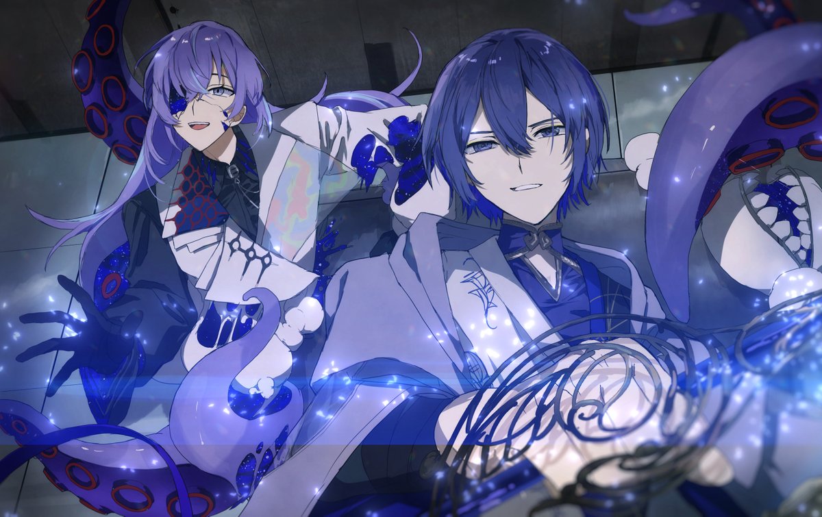 matsuhago, hoshirube sho, hoshirube sho (1st costume), koyanagi rou, koyanagi rou (1st costume), nijisanji, hashtag-only commentary, 2boys, black gloves, black shirt, blue coat, blue hair, coat, cracked skin, gloves, hair between eyes, jacket, long hair, looking at viewer, male focus, multiple boys, purple hair, shirt, short hair, tentacle hair, very long hair, virtual youtuber, white jacket