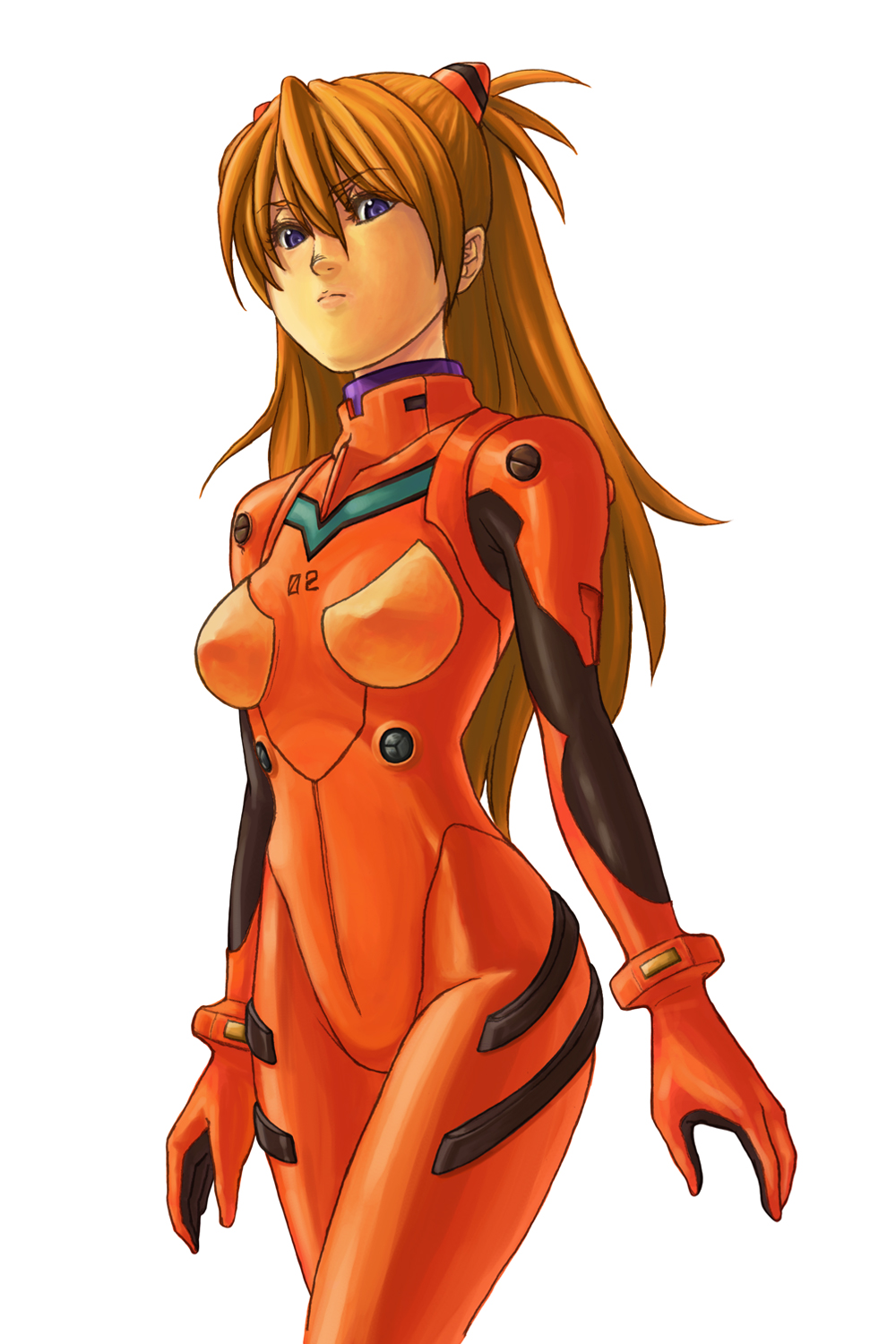 creape, souryuu asuka langley, neon genesis evangelion, highres, 1girl, arms at sides, blue eyes, bracer, cowboy shot, curvy, female focus, hair between eyes, long hair, looking at viewer, mecha pilot suit, orange hair, plugsuit (evangelion), simple background, solo, standing, two side up, white background, wide hips