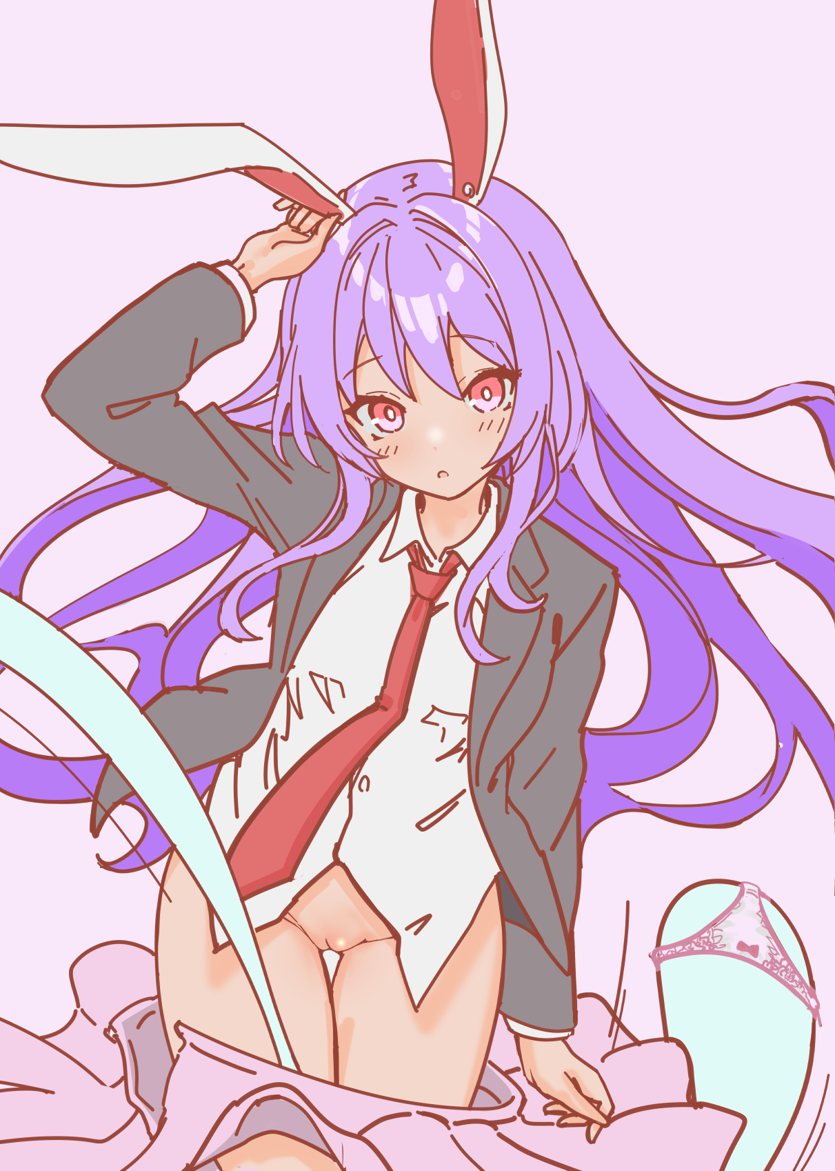 soara shimomo, reisen udongein inaba, touhou, highres, 1girl, animal ears, blazer, breasts, buttons, ghost, hand on own head, hand up, hat, jacket, long hair, long sleeves, looking at viewer, necktie, no panties, object on head, panties, panties on head, pink background, pink panties, pink skirt, purple hair, pussy, rabbit ears, red eyes, red hat, red necktie, shirt, simple background, skirt, underwear, undressing another, unworn panties, white shirt