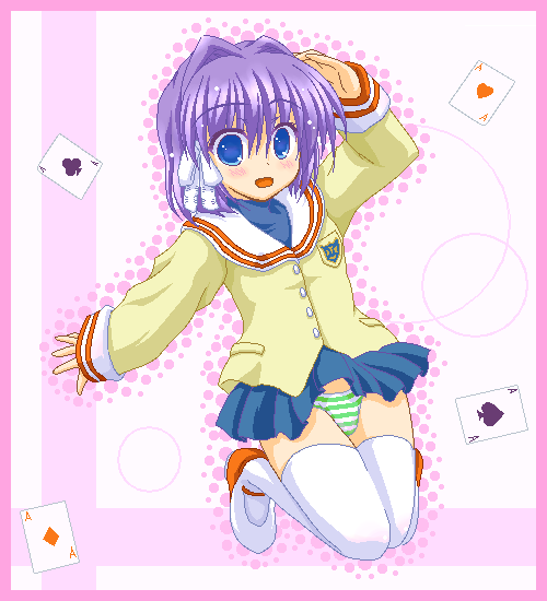 marimo (artist), marimo (pixiv4455), fujibayashi ryou, clannad, 00s, 1girl, blue eyes, card, female focus, floating card, oekaki, panties, pantyshot, purple hair, school uniform, short hair, solo, striped clothes, striped panties, thighhighs, underwear