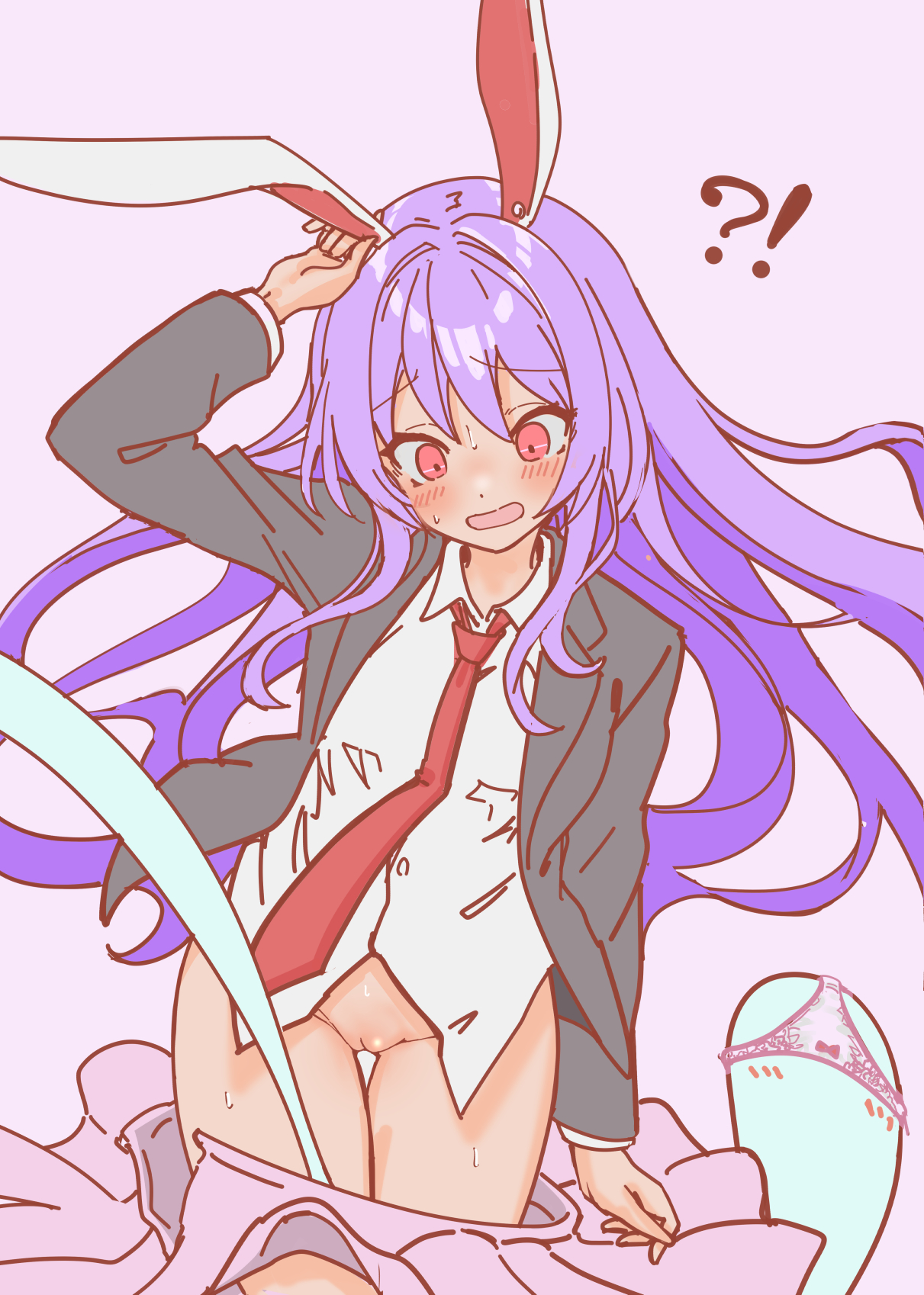 soara shimomo, reisen udongein inaba, touhou, commentary request, highres, !?, 1girl, animal ears, blazer, breasts, buttons, embarrassed, ghost, hand on own head, hand up, hat, jacket, long hair, long sleeves, looking down, necktie, no panties, object on head, open mouth, panties, panties on head, pink background, pink panties, pink skirt, purple hair, pussy, rabbit ears, red eyes, red hat, red necktie, shirt, simple background, skirt, sweat, underwear, undressing another, unworn panties, white shirt