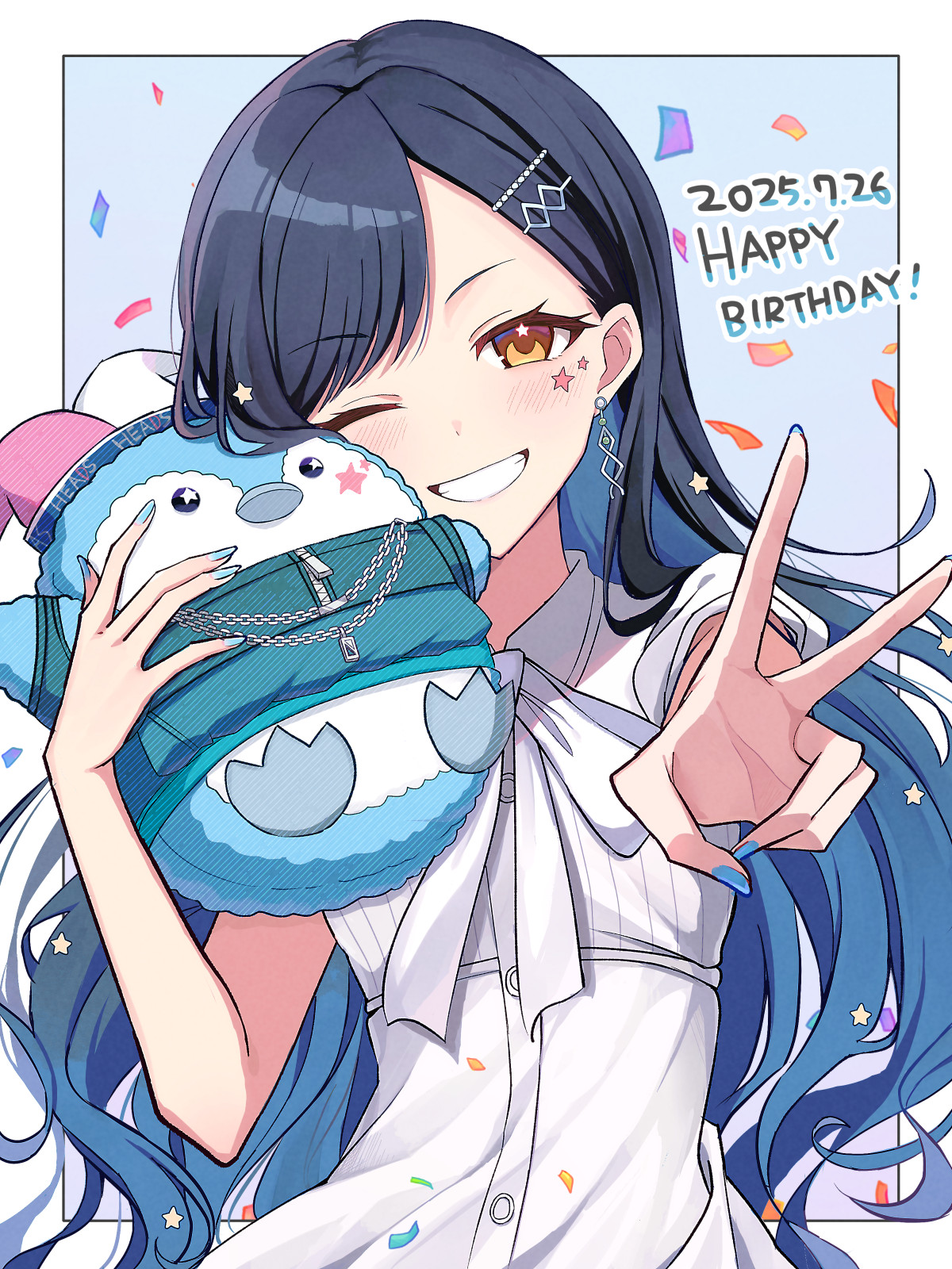 byaabo, shiraishi an, project sekai, highres, 1girl, 2025, ;d, black hair, blue hair, blue nails, blush, chain, confetti, dated, dress, earrings, facial mark, floating hair, gradient hair, grin, hair ornament, happy birthday, jewelry, long hair, looking at viewer, multicolored hair, nail polish, one eye closed, open mouth, orange eyes, outstretched arm, short sleeves, sketch, smile, solo, stuffed animal, stuffed penguin, stuffed toy, upper body, v, very long hair, white dress
