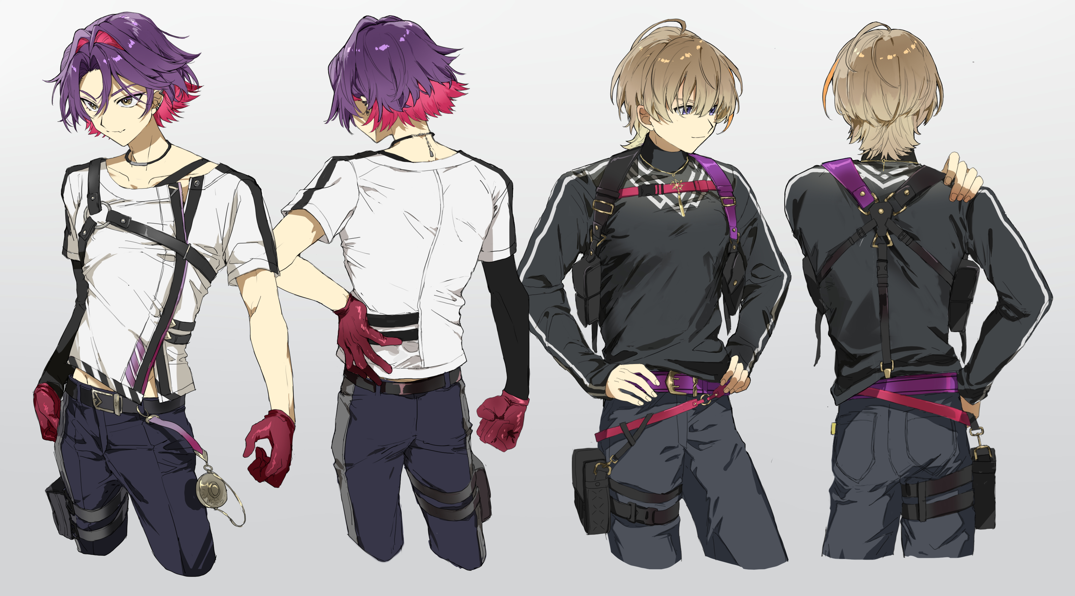matsuhago, fura kanato, watarai hibari, nijisanji, absurdres, highres, 2boys, belt, black belt, black jacket, black pants, brown hair, choker, colored inner hair, cropped legs, from behind, gloves, grey background, hair between eyes, hair intakes, hand on own hip, hand on own shoulder, hands on own hips, jacket, male focus, multicolored hair, multiple boys, multiple views, pants, pouch, purple hair, red gloves, shirt, short hair, simple background, thigh pouch, track jacket, two-tone hair, virtual youtuber, white shirt