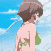 makihara izumi, kemeko deluxe, nipple erection, animated, animated gif, anime screenshot, lowres, 00s, 1boy, 1girl, ass, back, bare shoulders, bikini, blood, blue eyes, blush, bouncing breasts, breasts, brown eyes, brown hair, chain-link fence, fence, full-body blush, glasses, navel, nosebleed, outdoors, short hair, slow motion, swimsuit, topless female, undressing, wardrobe malfunction
