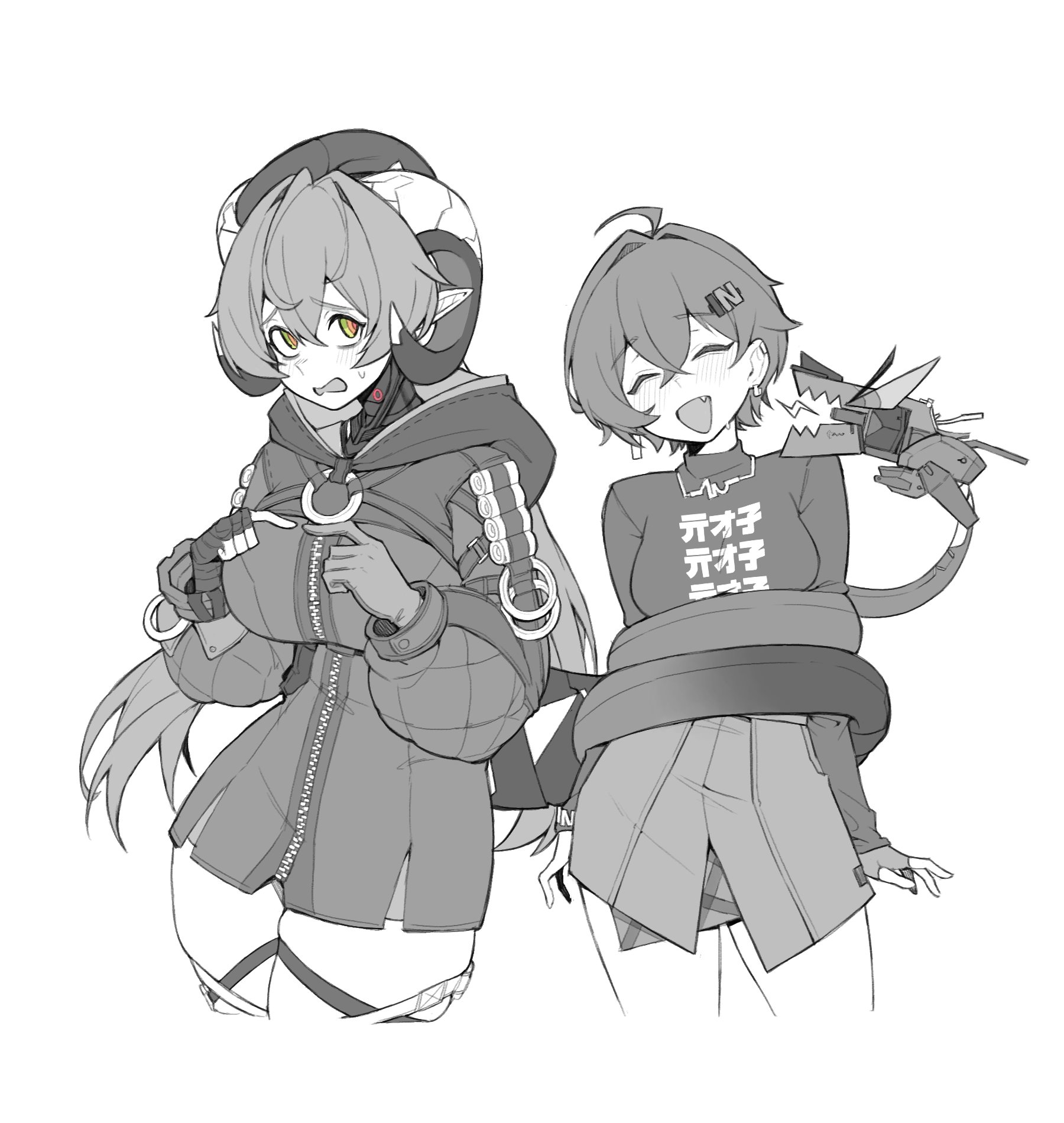 frze18, belle (zenless zone zero), magus (zenless zone zero), orphie magnusson, zenless zone zero, commentary, english commentary, highres, 2girls, ahoge, asymmetrical gloves, breasts, closed eyes, clothes around waist, fang, fingerless gloves, gloves, green eyes, hair between eyes, hat, holding, holding with tail, hood, hood down, horns, jacket, jacket around waist, long sleeves, mismatched gloves, multiple girls, open mouth, pointy ears, prehensile tail, spot color, tail, tail wrap, zipper
