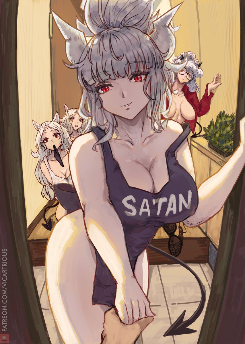 vicartrious, cerberus (helltaker), lucifer (helltaker), pandemonica (helltaker), helltaker, highres, animal ears, apron, black horns, breasts, demon, demon girl, demon horns, demon tail, dog ears, holding hands, hood, hoodie, horns, looking at viewer, meeting, mouth hold, naked apron, open clothes, open door, open shirt, panties, panties in mouth, pov, red eyes, red shirt, round eyewear, shirt, siblings, tail, thighs, twins, underwear, white hoodie