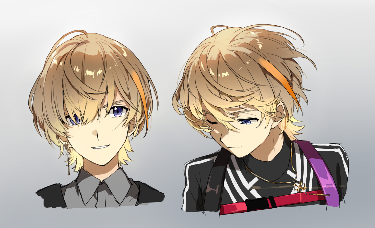 matsuhago, fura kanato, nijisanji, 1boy, brown hair, earrings, gradient background, grey background, grey shirt, hair between eyes, jacket, jewelry, looking at viewer, looking down, male focus, multicolored hair, multiple views, one eye closed, purple eyes, shirt, short hair, simple background, single earring, streaked hair, track jacket, upper body, virtual youtuber