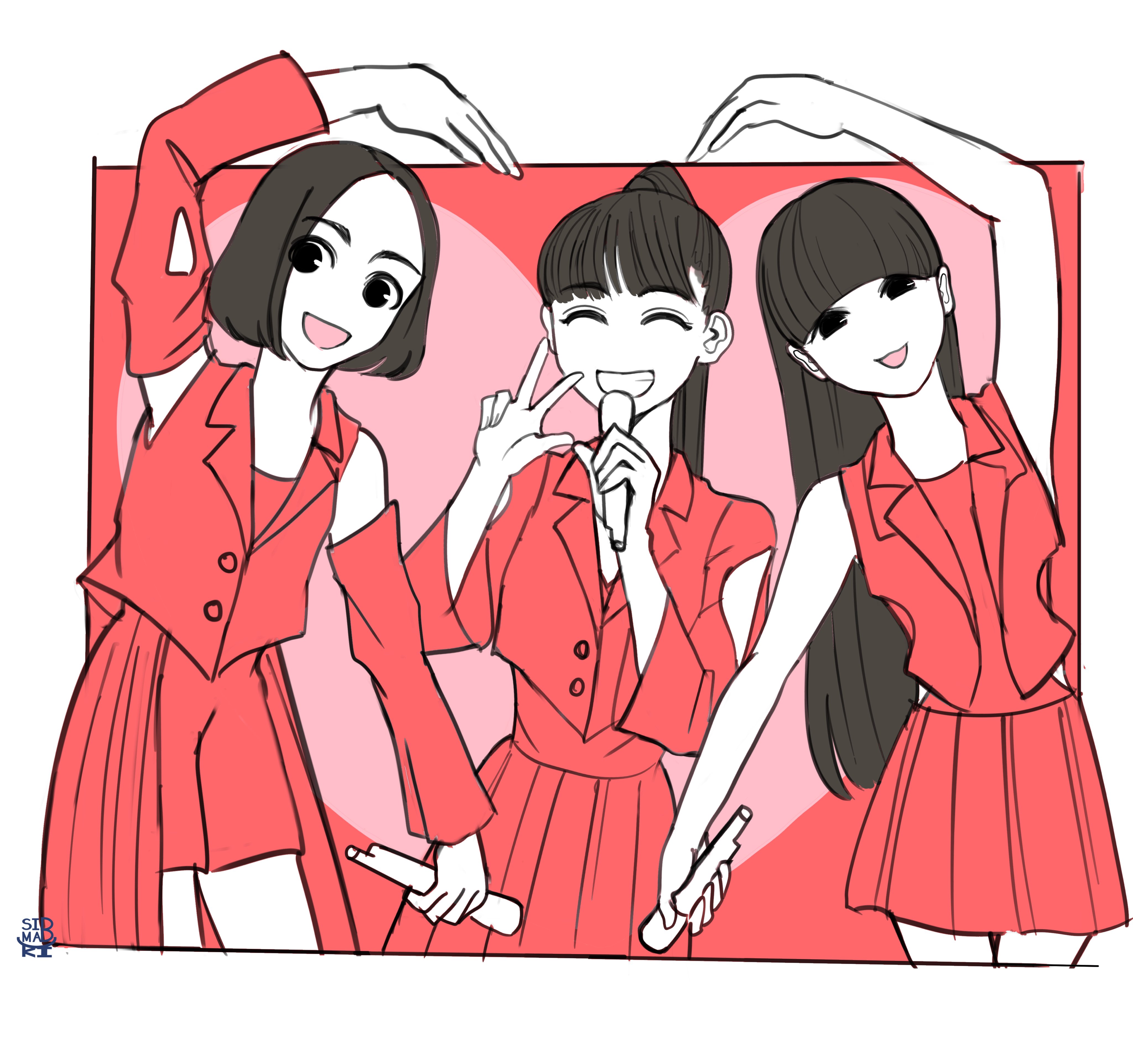 a~chan, kashiyuka, nocchi (perfume), perfume (band), real life, absurdres, commentary request, highres, 3girls, ^ ^, arm up, blunt bangs, bob cut, border, brown hair, closed eyes, heart arms, heart arms duo, holding, holding microphone, kso404401, long hair, looking at viewer, microphone, multiple girls, red skirt, red vest, skirt, vest, white border