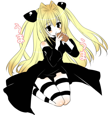ka mira, koharu (mh), konjiki no yami, to love-ru, bad id, bad pixiv id, lowres, 00s, 1girl, blonde hair, female focus, food, kneeling, long hair, solo, taiyaki, thigh strap, very long hair, wagashi