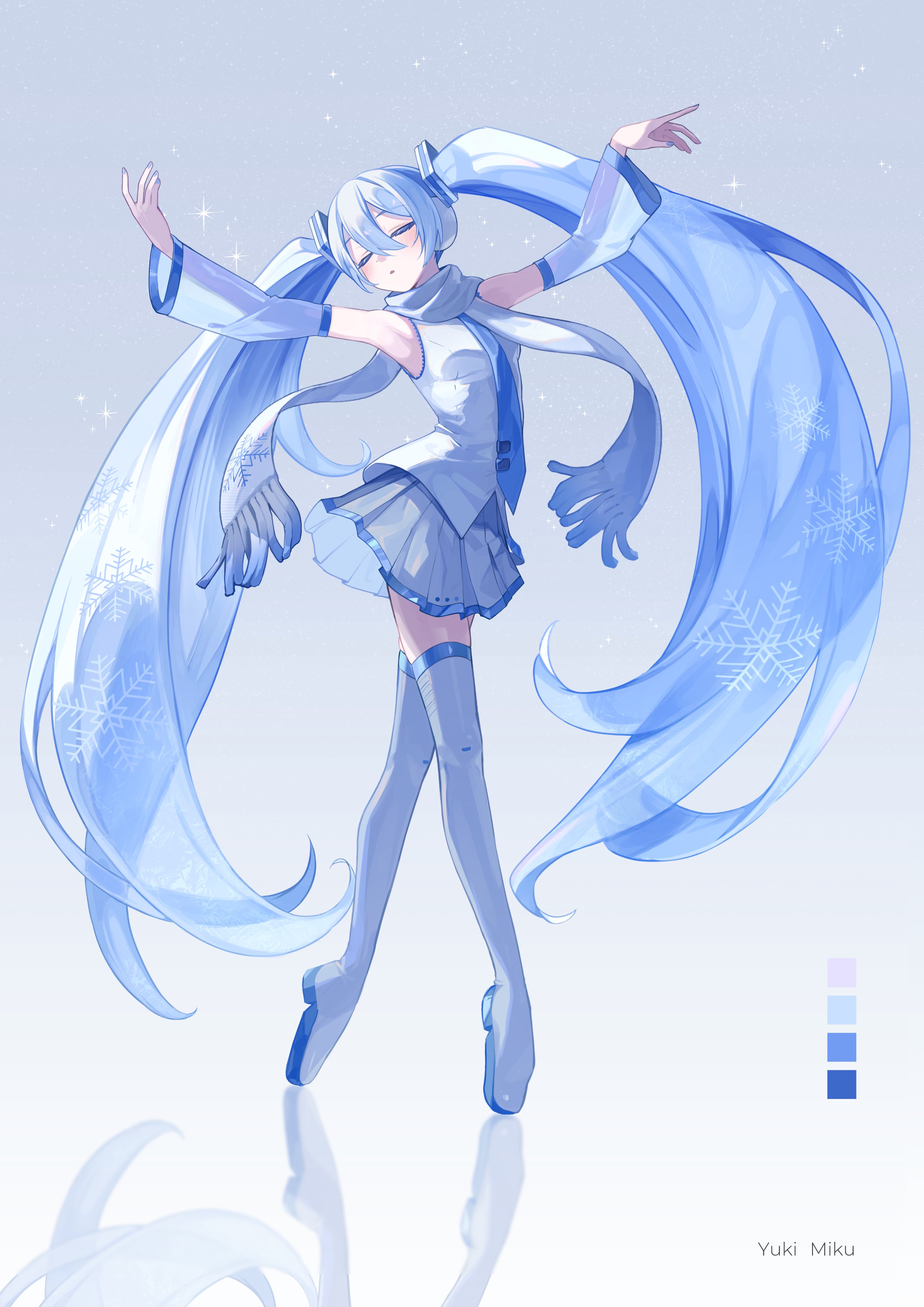 mishio (misio 40), hatsune miku, yuki miku, yuki miku (2011), vocaloid, absurdres, highres, 1girl, absurdly long hair, armpits, arms up, blue necktie, blue trim, boots, breasts, closed eyes, detached sleeves, grey skirt, hair between eyes, hair ornament, long hair, long sleeves, medium breasts, necktie, official alternate costume, parted lips, scarf, shirt, skirt, sleeveless, sleeveless shirt, snowflake print, solo, thigh boots, thighhighs, twintails, very long hair, white hair, white scarf, white shirt, wide sleeves, zettai ryouiki