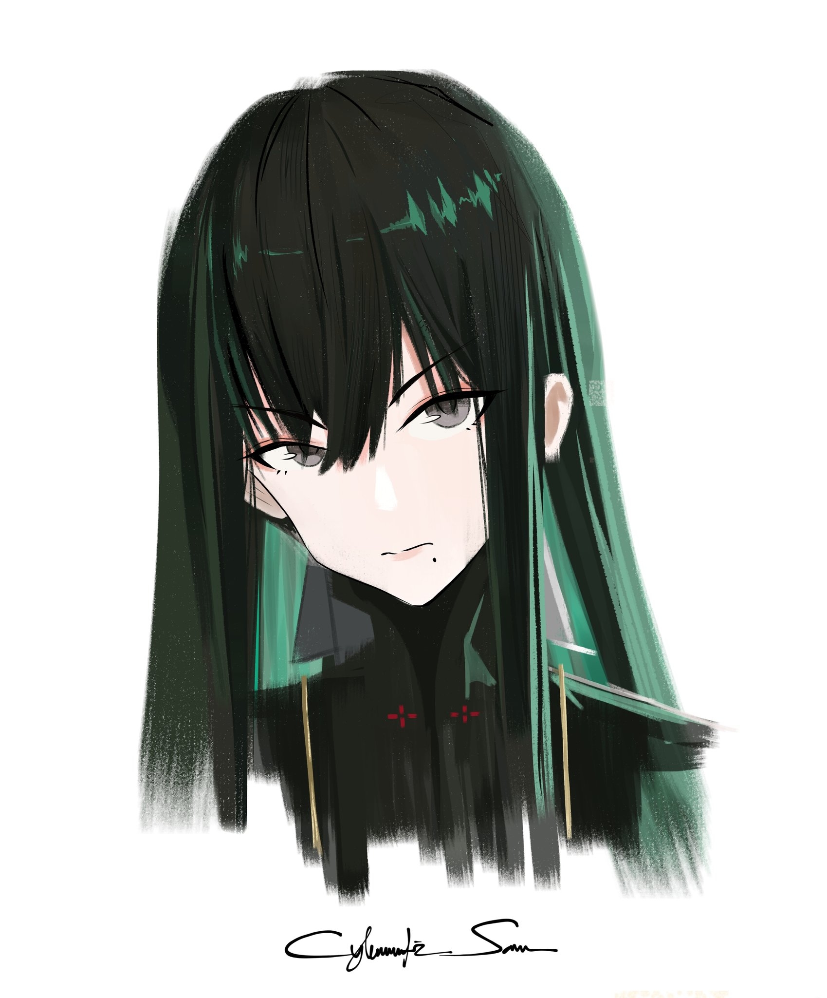 cybernetic sam, qu: pavo (pgr), qu (pgr), punishing: gray raven, art study, commentary, english commentary, highres, 1girl, black hair, closed mouth, green hair, grey eyes, hair between eyes, long sidelocks, looking at viewer, mole, mole under mouth, multicolored hair, sidelocks, signature, simple background, solo, two-tone hair, white background