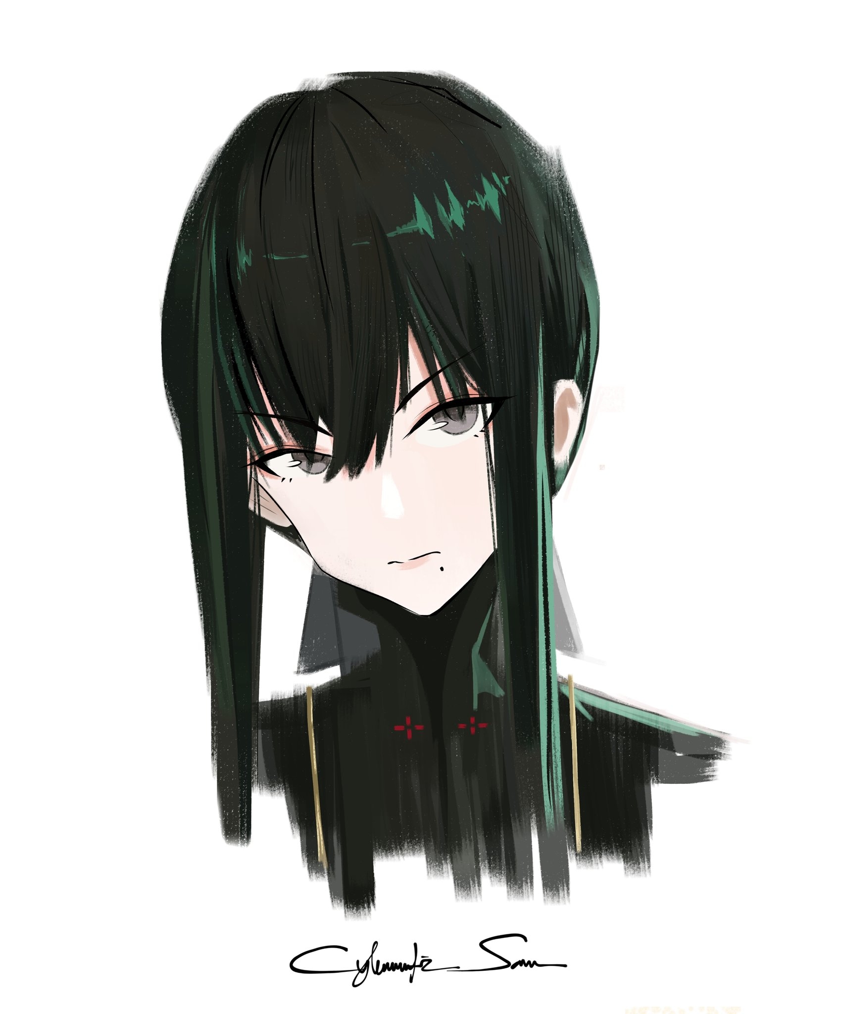 cybernetic sam, qu: pavo (pgr), qu (pgr), punishing: gray raven, art study, commentary, english commentary, highres, 1girl, alternate hairstyle, black hair, closed mouth, green hair, grey eyes, hair between eyes, long sidelocks, looking at viewer, mole, mole under mouth, multicolored hair, short hair, short hair with long locks, sidelocks, signature, simple background, solo, two-tone hair, white background