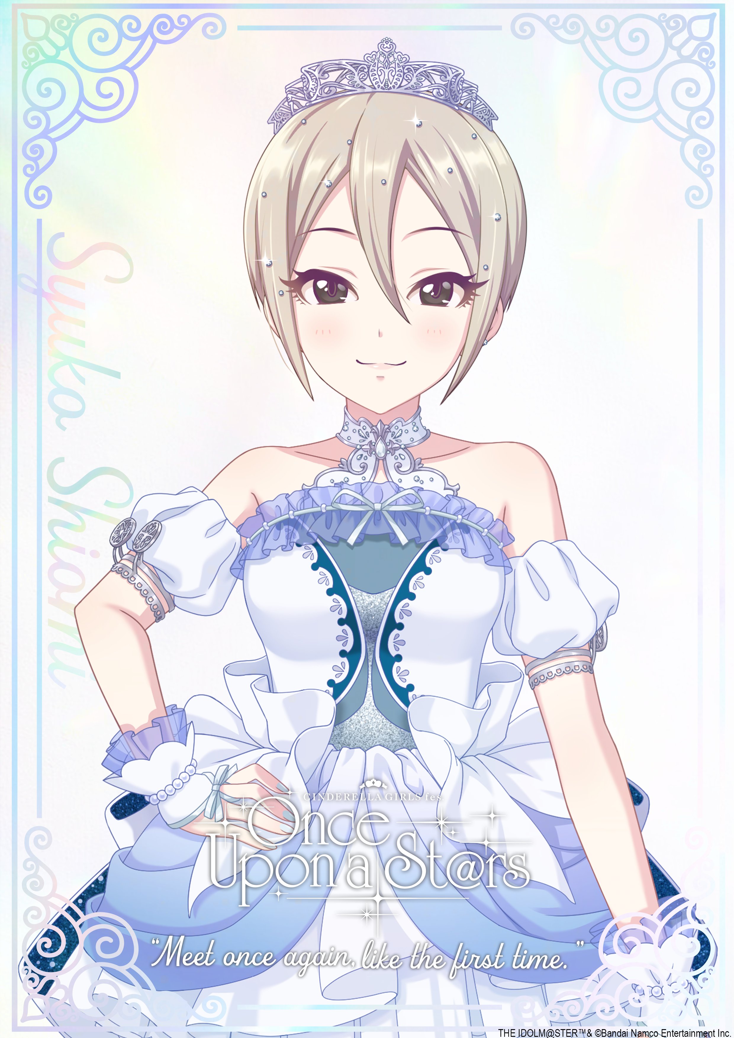 shiomi syuko, idolmaster, idolmaster cinderella girls, idolmaster cinderella girls starlight stage, official art, 1girl, armlet, black eyes, dress, english text, fingerless gloves, gloves, grey hair, hair ornament, hand on own hip, idol clothes, jewelry, nail polish, smile, solo, tiara
