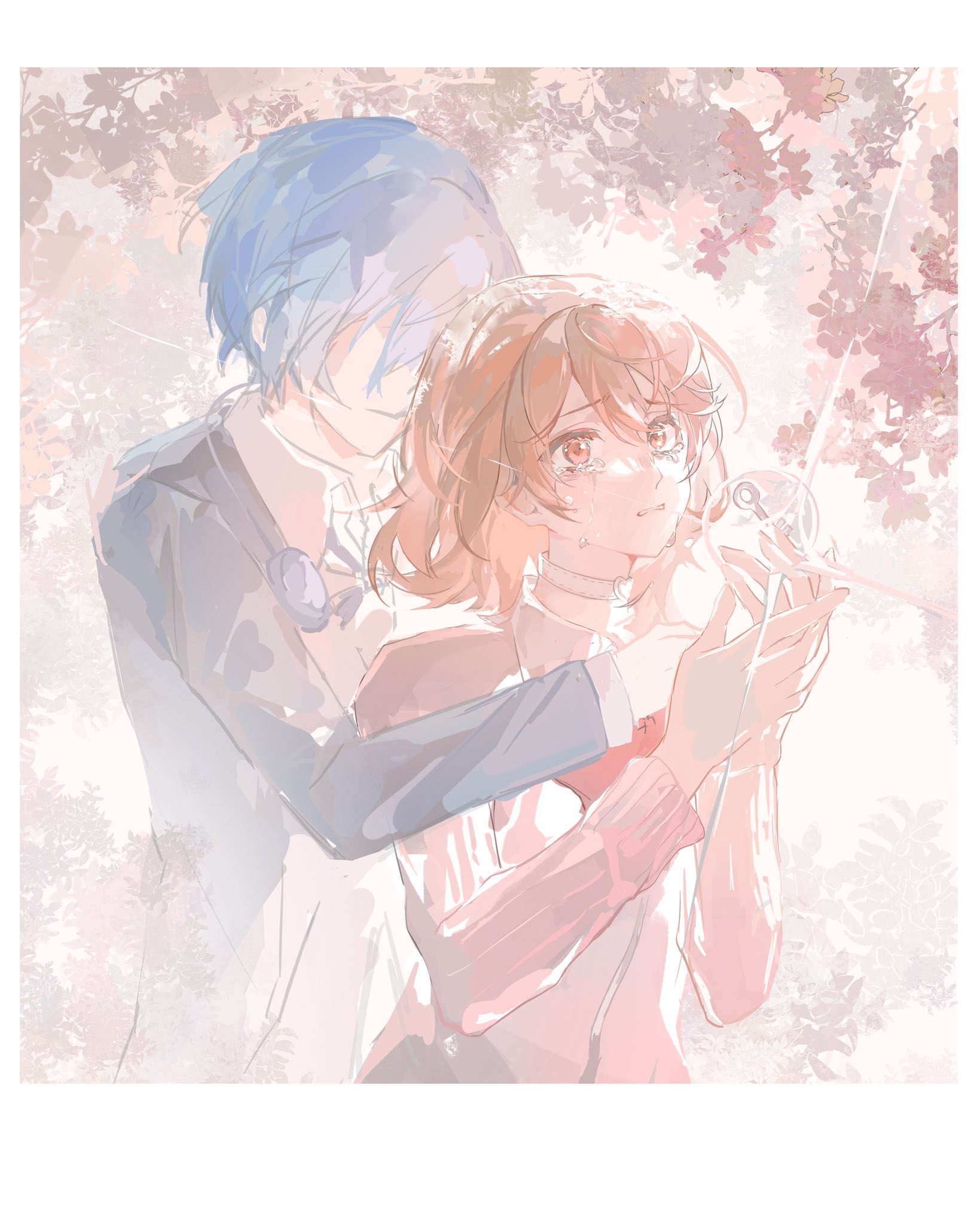 surielye, takeba yukari, yuuki makoto (persona 3), persona, persona 3, commentary, highres, symbol-only commentary, 1boy, 1girl, black jacket, blue hair, border, bow, bowtie, brown eyes, brown hair, cardigan, cherry blossoms, choker, collared shirt, crying, crying with eyes open, earphones removed, gekkoukan high school uniform, glint, heart, heart choker, height difference, holding, holding key, jacket, key, long sleeves, looking up, no eyes, open clothes, open jacket, parted lips, pink cardigan, red bow, red bowtie, ribbed cardigan, school uniform, shirt, short hair, tears, upper body, white border, white choker, white shirt