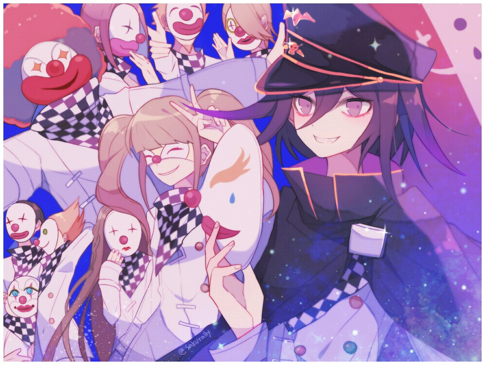 sakura (fein5862817), dice members (danganronpa), oma kokichi, danganronpa (series), danganronpa v3: killing harmony, commentary request, + +, 2girls, 6+boys, ^ ^, aegyo sal, afro, arm belt, arms behind head, bald, belt, black cloak, black hat, black scarf, blonde hair, blue background, braid, brown hair, buttons, checkered clothes, checkered scarf, cloak, closed eyes, clown mask, clown nose, collared cloak, dot nose, double-breasted, evil smile, eye mask, eyelashes, fat, green hair, grin, hair between eyes, hand on own cheek, hand on own face, hand on own head, hat, high collar, holding, holding mask, jacket, light particles, long hair, long hair between eyes, long sleeves, mask, multicolored buttons, multiple boys, multiple girls, orange hair, outstretched arms, peaked cap, purple eyes, purple hair, red hair, scarf, short hair, side braid, sideways hat, single braid, smile, sparkle, sparkling eyes, spiked hair, twintails, twitter username, two-tone scarf, upper body, v, very long hair, white belt, white jacket, white mask, white scarf