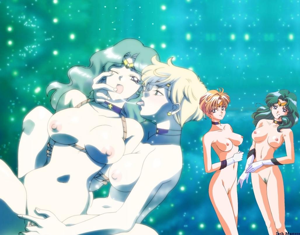 kaiou michiru, sailor neptune, sailor uranus, ten'ou haruka, bishoujo senshi sailor moon, toei company, 1990s (style), 2girls, bdsm, bondage, bound, breasts, choker, multiple girls, nipples, nude, pussy, retro artstyle, saliva, tongue, uncensored, yuri
