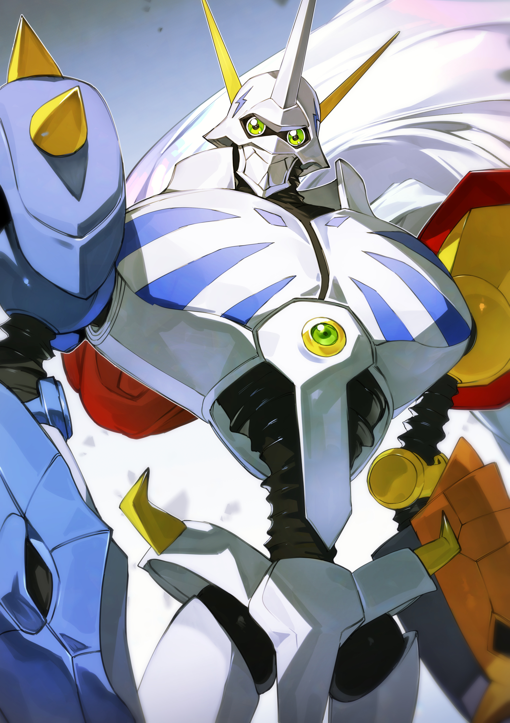 toridamono, omegamon, digimon, absurdres, highres, cape, cowboy shot, digimon (creature), green eyes, looking at viewer, mecha, robot, shoulder spikes, simple background, solo, spikes, white cape