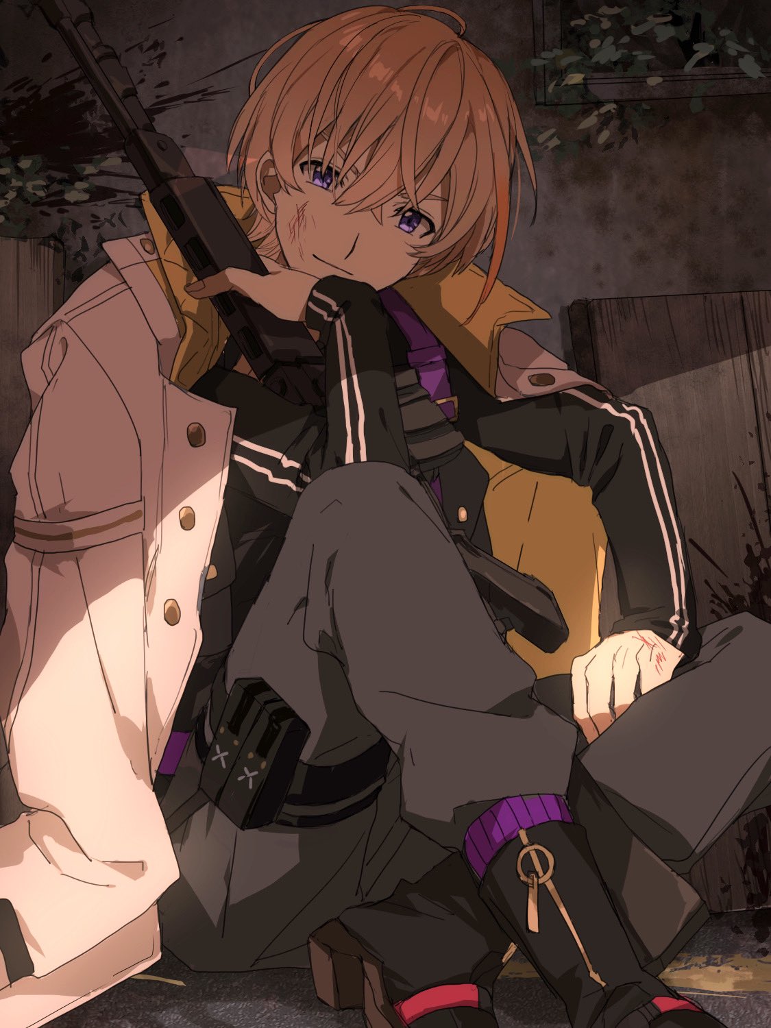 matsuhago, fura kanato, fura kanato (1st costume), nijisanji, hashtag-only commentary, highres, weapon request, 1boy, ankle boots, black boots, black pants, boots, brown hair, bulletproof vest, coat, coat on shoulders, gun, hair between eyes, head tilt, holding, holding gun, holding weapon, looking at viewer, male focus, pants, pouch, purple eyes, shadow, short hair, sitting, smile, solo, thigh pouch, virtual youtuber, weapon, white coat