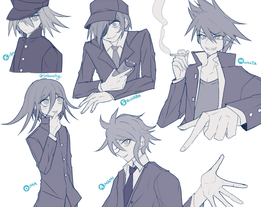 sakura (fein5862817), amami rantaro, k1-b0, momota kaito, oma kokichi, saihara shuichi, danganronpa (series), danganronpa v3: killing harmony, 5boys, antenna hair, baseball cap, blazer, buttons, character name, cigarette, closed mouth, collarbone, collared jacket, collared shirt, constricted pupils, cowboy shot, crazy smile, cropped torso, expressionless, eyelashes, facial hair, fingernails, furrowed brow, gakuran, goatee, greyscale, hair between eyes, hair over one eye, hand on own chin, hat, high collar, holding, holding cigarette, holding taser, jacket, lapels, layered sleeves, light frown, long hair between eyes, long sleeves, looking ahead, male focus, messy hair, monochrome, multiple boys, necktie, nervous smile, notched lapels, official alternate costume, one eye covered, open clothes, open jacket, open shirt, outstretched arm, parted lips, peaked cap, pectoral cleavage, pectorals, pointing, school uniform, shirt, short hair, simple background, smile, smoke, spiked hair, tank top, taser, upper body, white background
