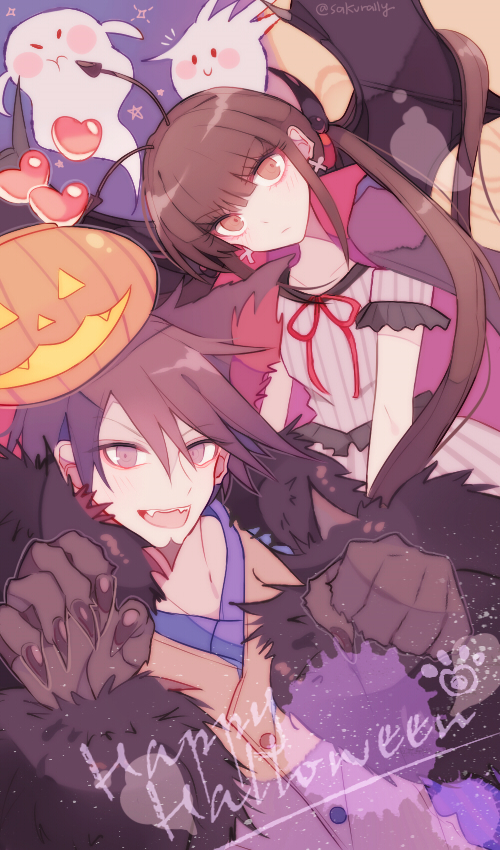 sakura (fein5862817), harukawa maki, momota kaito, danganronpa (series), danganronpa v3: killing harmony, commentary request, 1boy, 1girl, aegyo sal, animal ears, bat wings, black cape, black coat, black gloves, black wings, blunt bangs, brown hair, butterfly earrings, cape, claw pose, coat, collared cape, collared shirt, cowboy shot, dress, earrings, english text, eyelashes, fake animal ears, fake antennae, fake wings, fangs, frilled dress, frilled sleeves, frills, fur collar, ghost, gloves, hair between eyes, hair ornament, hair scrunchie, halloween, halloween costume, happy halloween, heart, high collar, jack-o'-lantern, jacket, jewelry, light frown, long hair, low twintails, neck ribbon, official alternate costume, open clothes, open coat, open mouth, purple background, purple eyes, purple hair, purple shirt, red cape, red eyes, red ribbon, red scrunchie, ribbon, scrunchie, shirt, short hair, short sleeves, smile, spiked hair, striped clothes, striped dress, twintails, two-sided cape, two-sided fabric, two-tone background, vertical-striped clothes, vertical-striped dress, very long hair, werewolf costume, white dress, white jacket, wings, wolf ears, yellow background