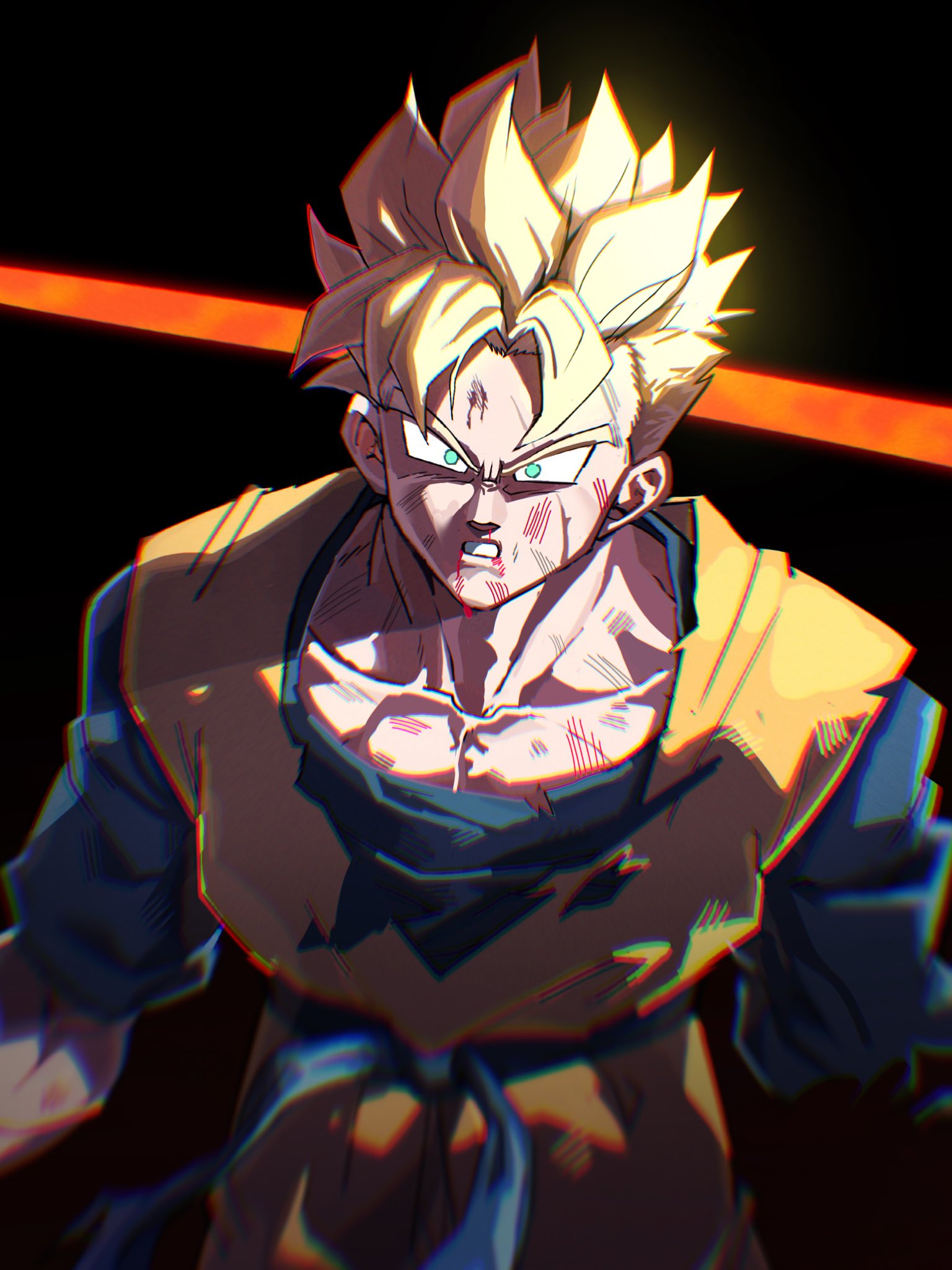 tkht 9315, son gohan, son gohan (future), dragon ball, dragon ball super, dragon ball super super hero, dragonball z, commentary request, highres, revision, 1boy, alternate universe, amputee, belt, blonde hair, blood, blood on face, blue belt, blue shirt, dougi, green eyes, looking at viewer, male focus, missing limb, orange shirt, pectoral cleavage, pectorals, scar, scar on face, scene reference, shirt, simple background, solo, spiked hair, super saiyan, super saiyan 1