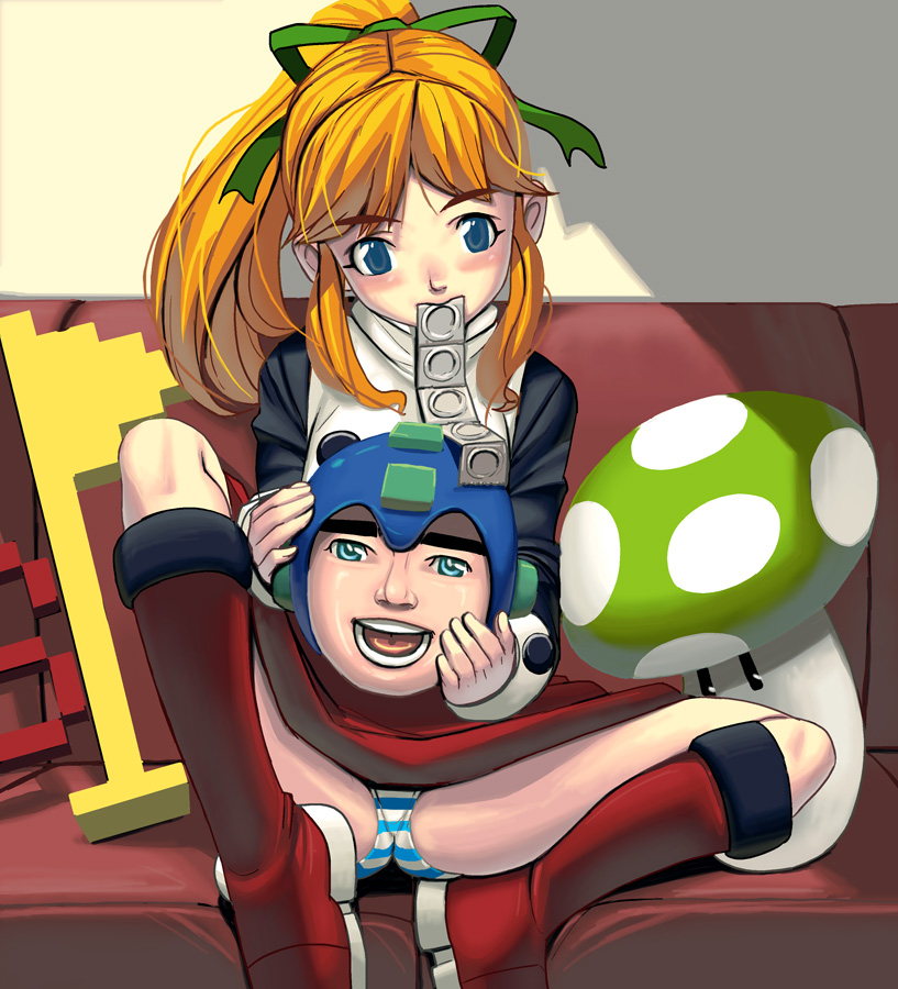 kouno (masao), mega man (character), roll (mega man), capcom, mario (series), mega man (classic), mega man (series), nintendo, rally-x, bad id, bad pixiv id, 1-up mushroom, 1girl, 1up, boots, condom, condom in mouth, condom packet strip, condom wrapper, flag, gameplay mechanics, knee boots, loli, mouth hold, mushroom, panties, pantyshot, rally x, red skirt, sitting, skirt, striped clothes, striped panties, underwear, what