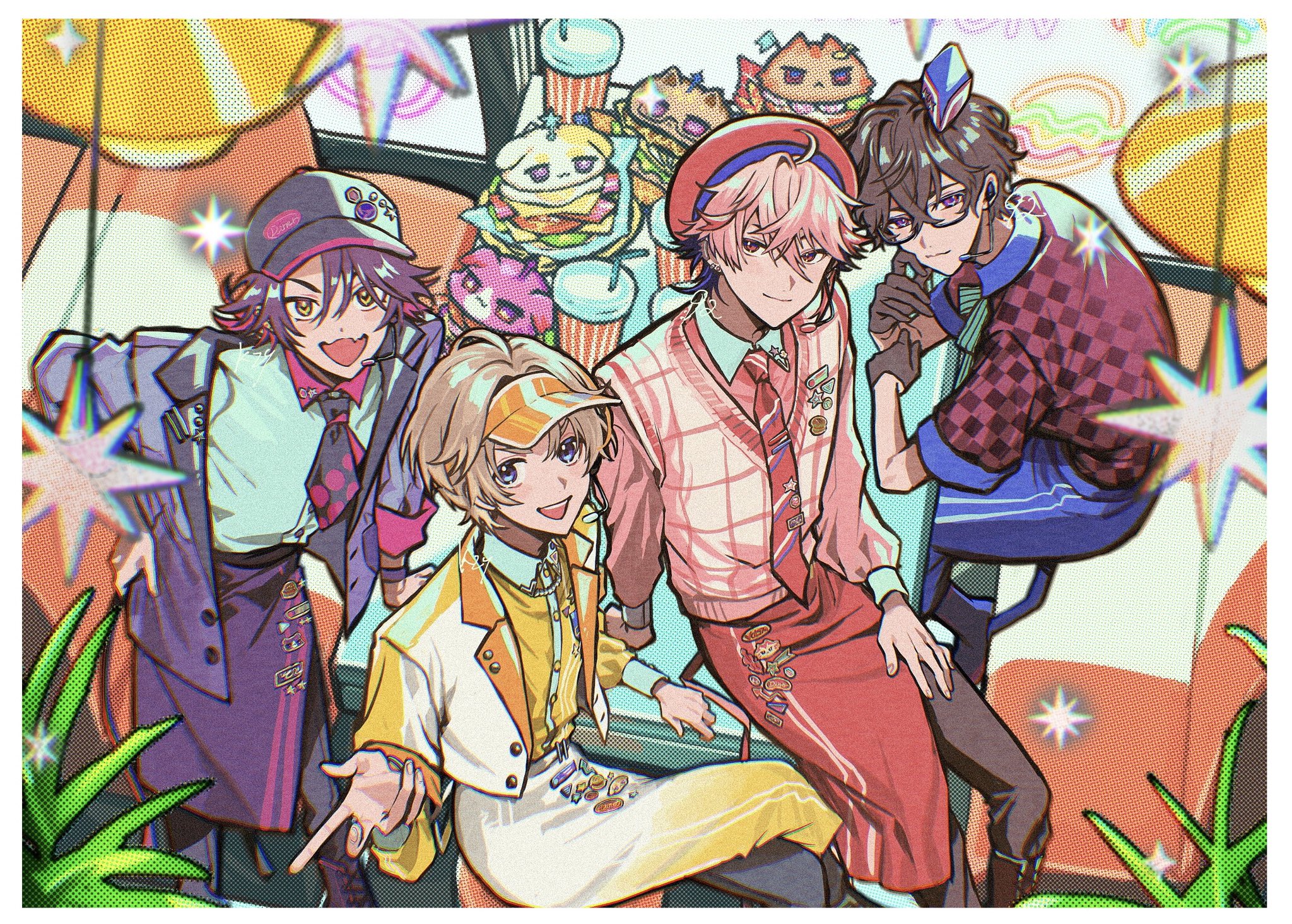 kuzumiya yuyu, fura kanato, seraph dazzlegarden, shikinagi akira, watarai hibari, nijisanji, voltaction, hashtag-only commentary, highres, 4boys, akaiko (seraph dazzlegarden), baseball cap, beret, black gloves, black hair, black pants, blonde hair, blue eyes, blue pants, border, cardigan, collared shirt, glasses, gloves, hair between eyes, hat, jacket, kiironoko (fura kanato), kuroiko (shikinagi akira), looking at viewer, male focus, multiple boys, murasakinoko (watarai hibari), necktie, open clothes, open jacket, pants, pink cardigan, pink eyes, pink hair, purple eyes, purple hair, purple jacket, purple skirt, red shirt, red skirt, shirt, short hair, short sleeves, sitting, skirt, smile, table, v, virtual youtuber, visor cap, white border, white jacket, white shirt, white skirt, yellow eyes, yellow shirt